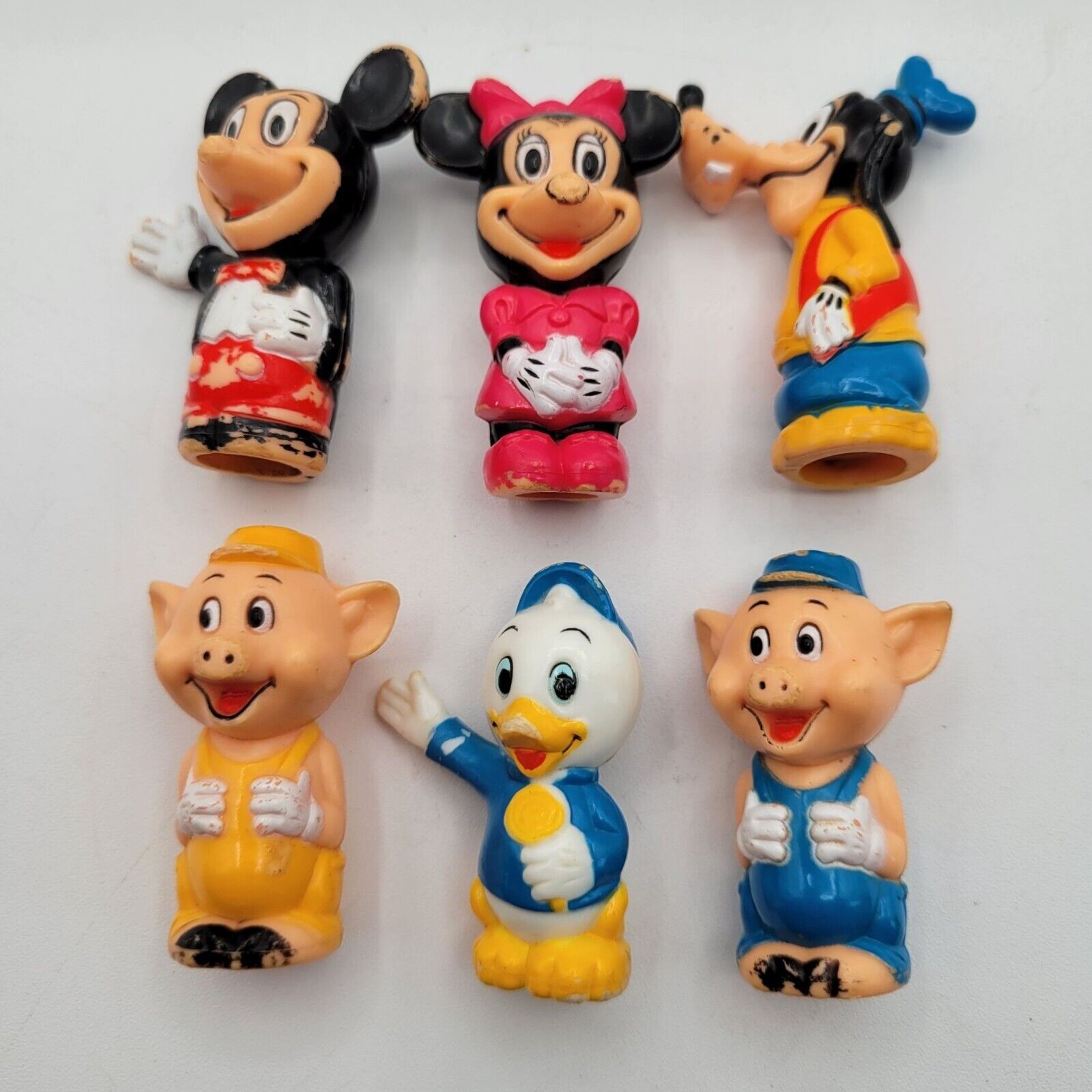 Vintage 1970s Disney Lot of 6 PVC Pencil Toppers - Mickey Minnie Goofy Pigs Duck