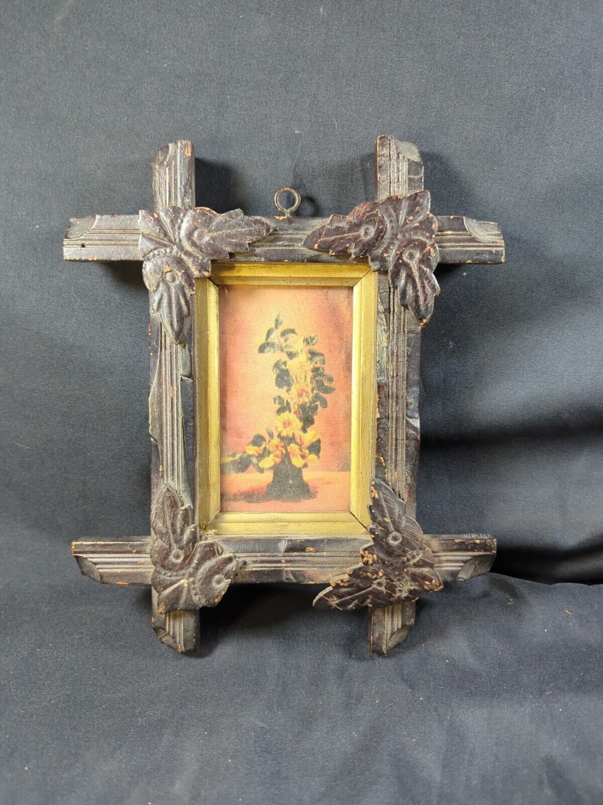 ANTIQUE Gold Brown Unique HANGING WOODEN PICTURE FRAME  3.75\