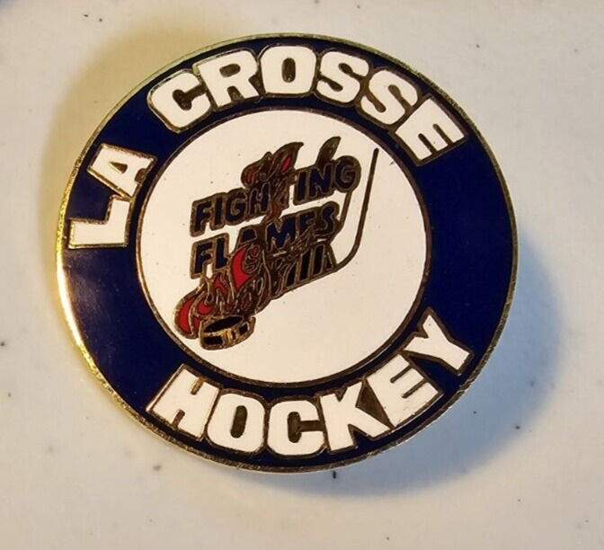 Vintage La Crosse Hockey Pin Pinback Fighting Flames Wisconsin