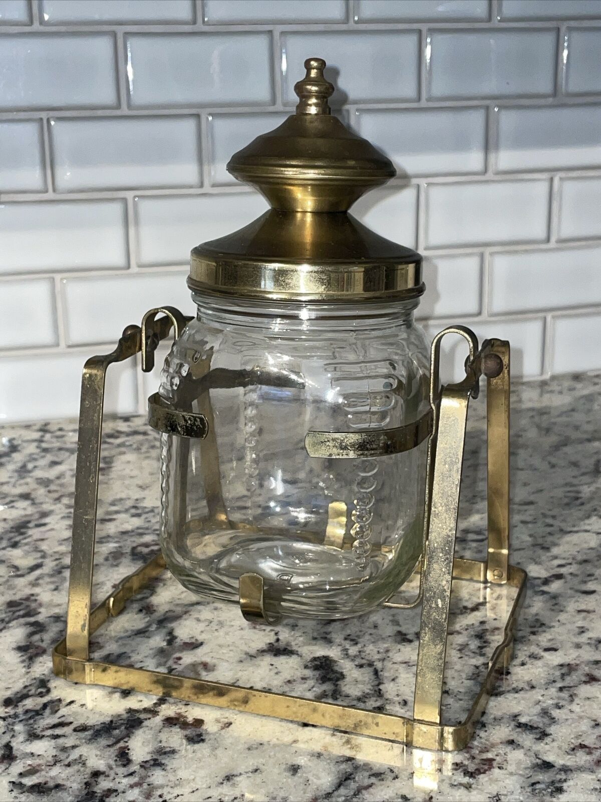 Vintage HAZEL ATLAS Copper Brass Swinging Glass Tobacco Humidor Jar Canister