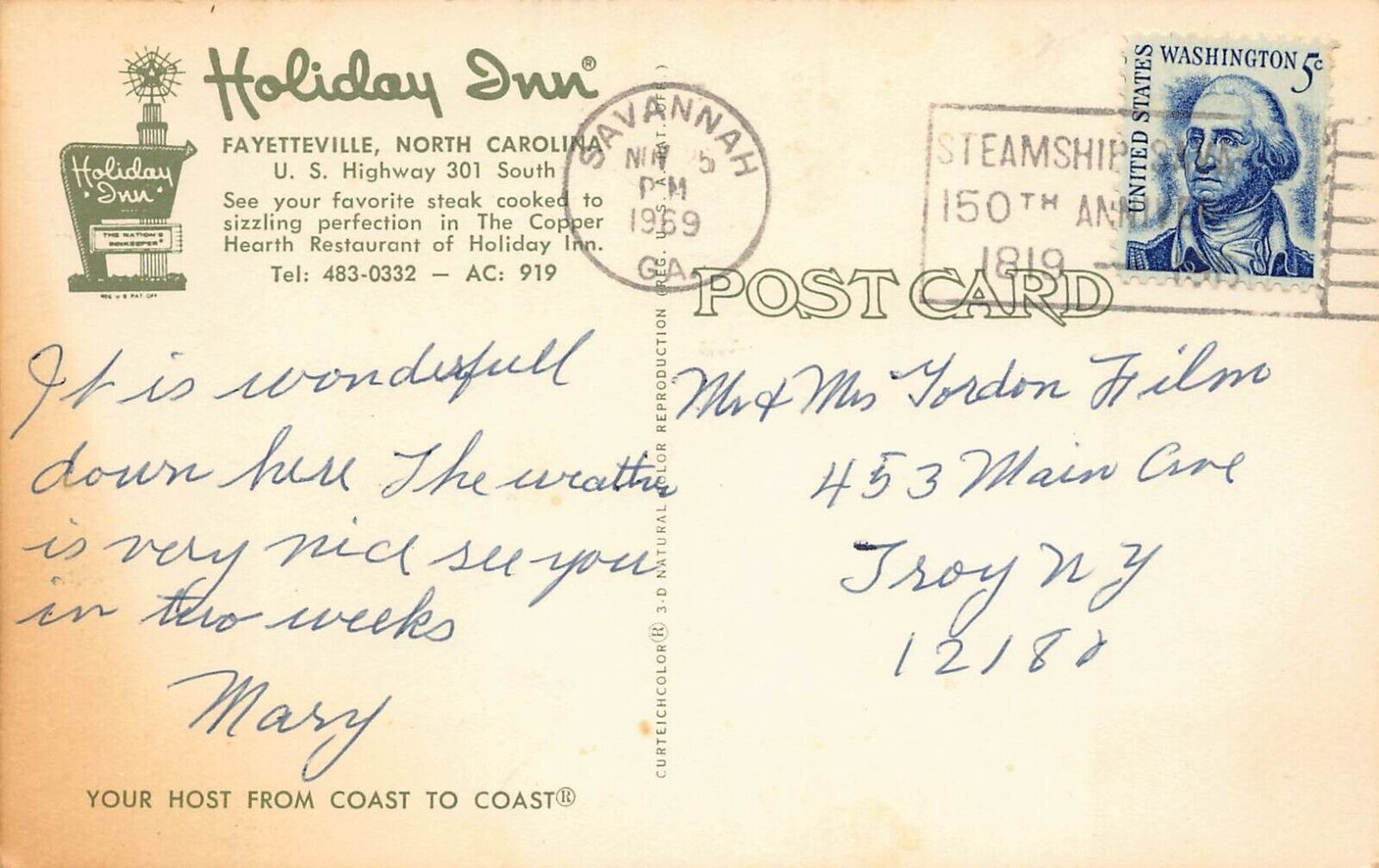 Steamship Steamer Savannah 150th Anniversary Cancel Stamp 1969 Vtg Postcard O2
