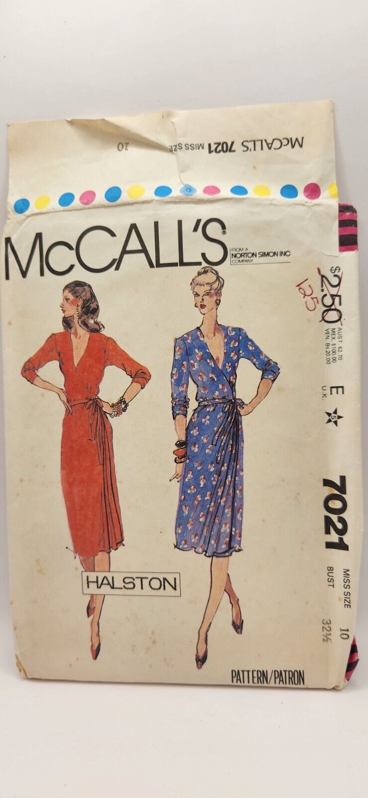 McCall\'s Sewing Pattern #7021 SZ 10 Halston Front Wrap Dress Uncut Factory Fold 
