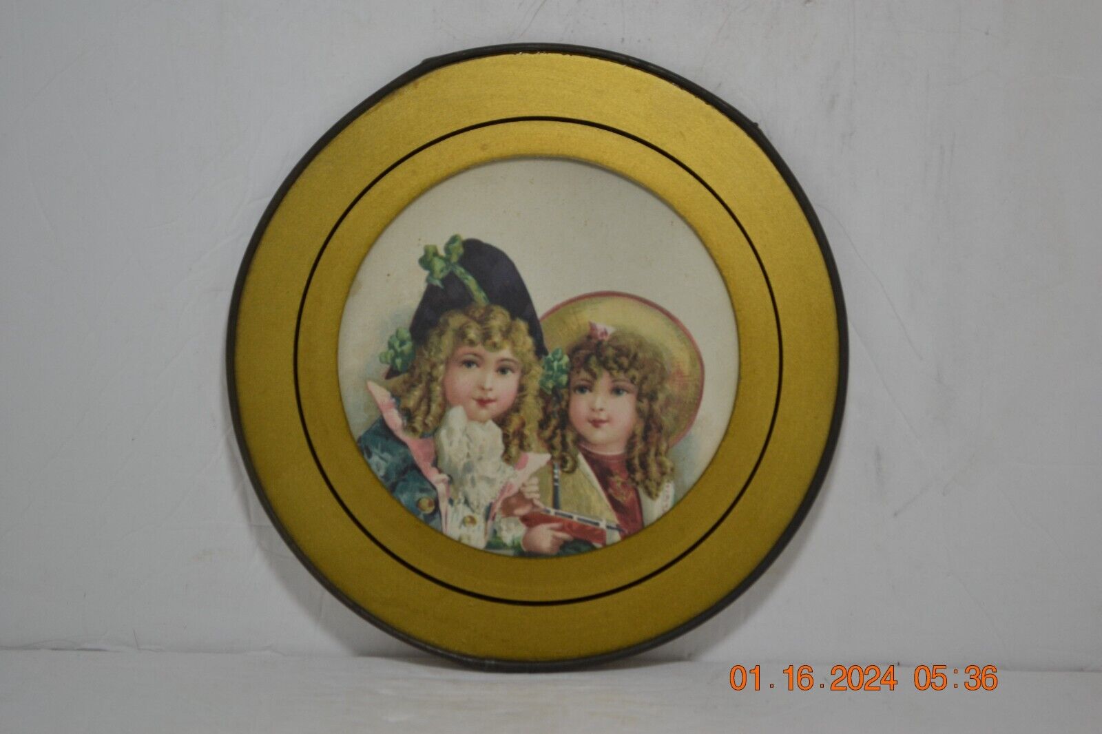 Antique Victorian Two Girls Chromo Print Flue Cover with Gold Rim & Chain
