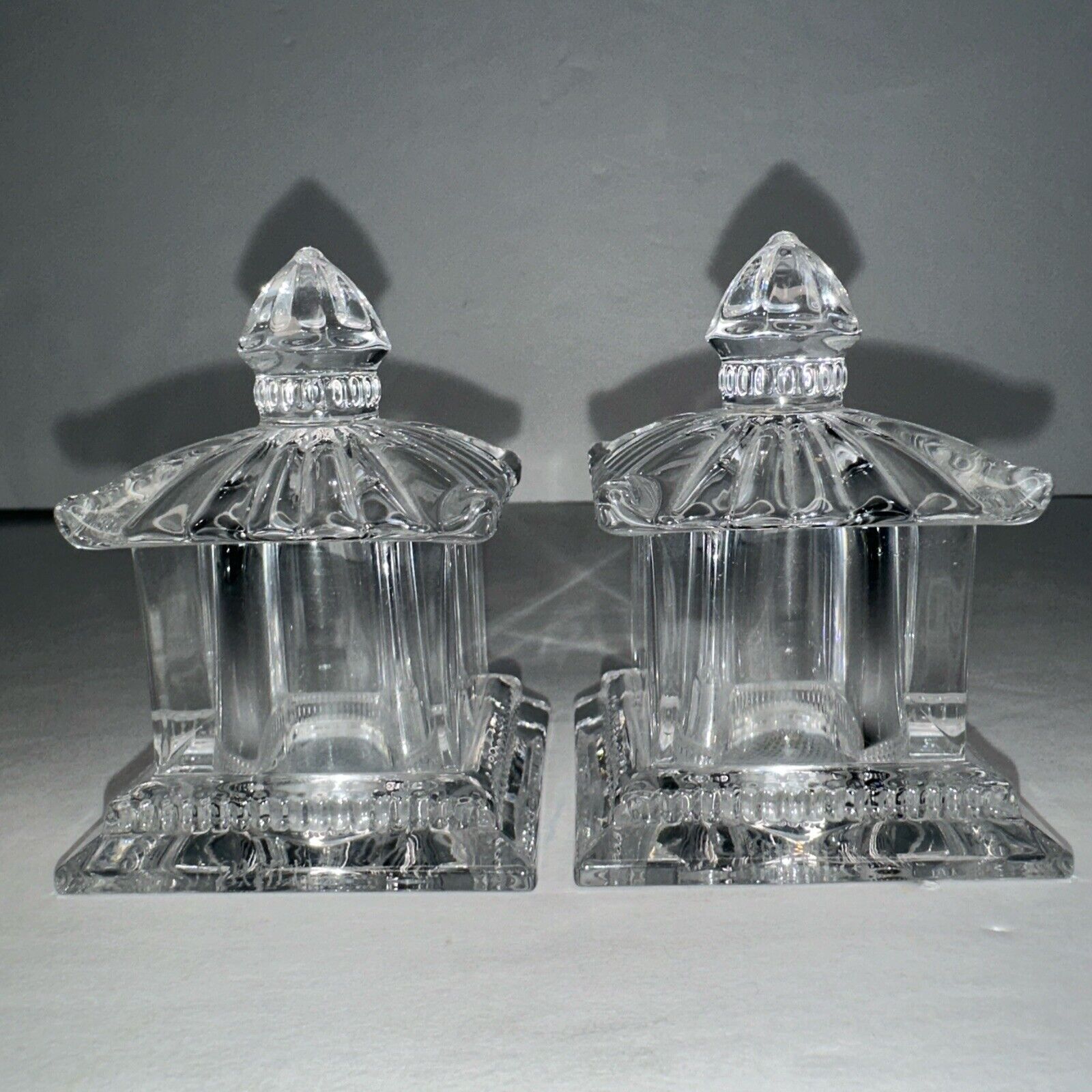 Vintage Bombay Pagoda Crystal SALT & PEPPER Shaker Set Marked Bombay