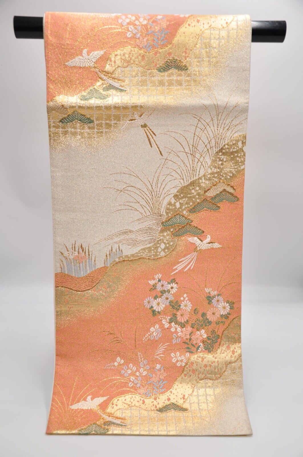 Vintage Japanese Kimono Fukuro-Obi Silk Classic Lucky Pattern Gold Cream Pink