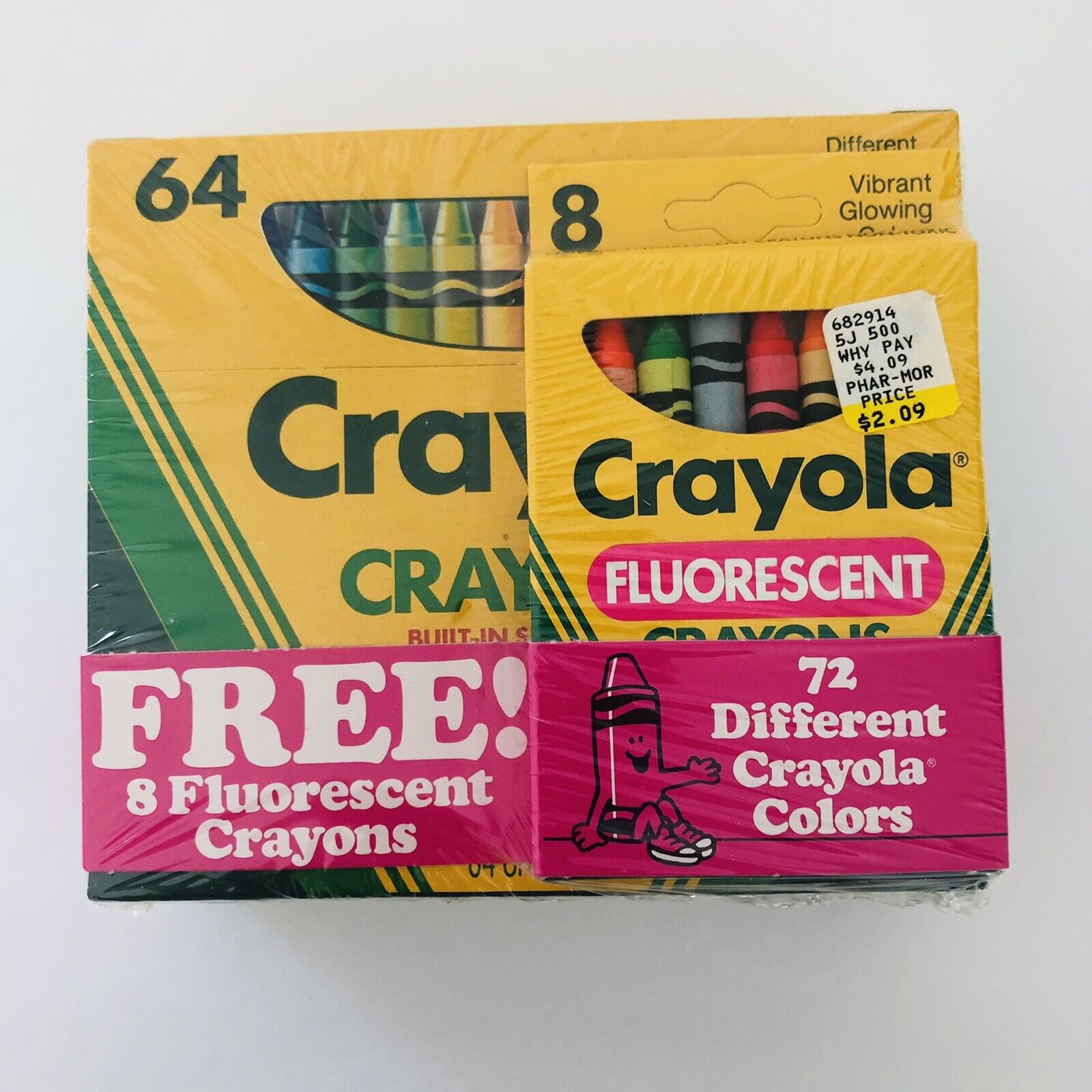 Vtg 1989 Crayola Crayon 64 Count + 8 Extra Fluorescent 72 Total Sharpener Sealed