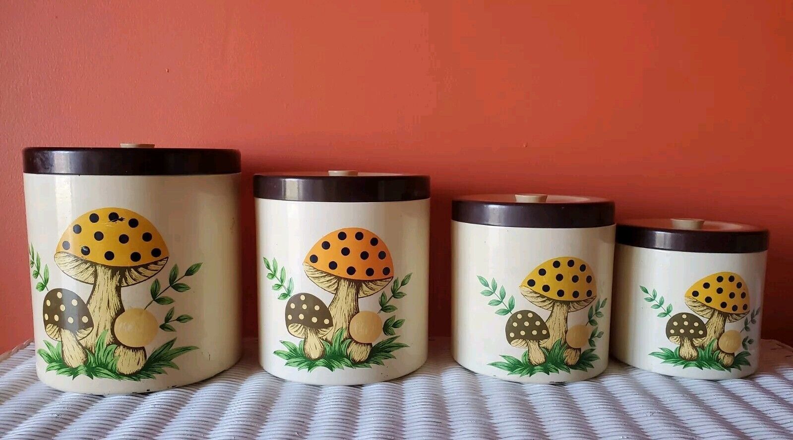 1979 Vintage Mushrooms Canister Set Of 4 Sears & Roebuck Retro Kitchen Jars