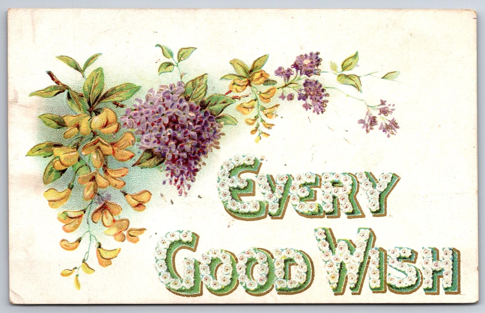Greetings~Every Good Wish~Lilac Flowers~Emb~Printed In Germany~Vintage Postcard