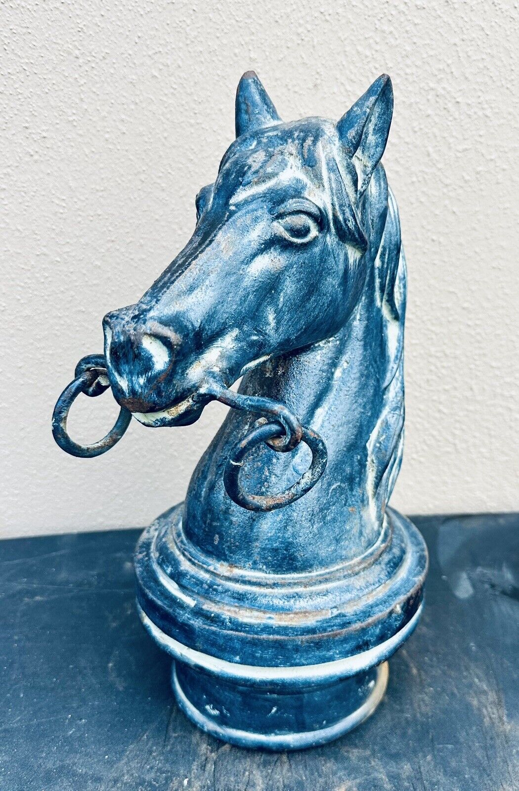 Vintage (antique?) CAST IRON HORSE HEAD HITCHING POST Double Ring HEAVY 13.5”