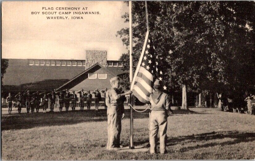 Vintage Postcard Flag Ceremony Boy Scout Camp Ingawanis Waverly IA Iowa    J-344
