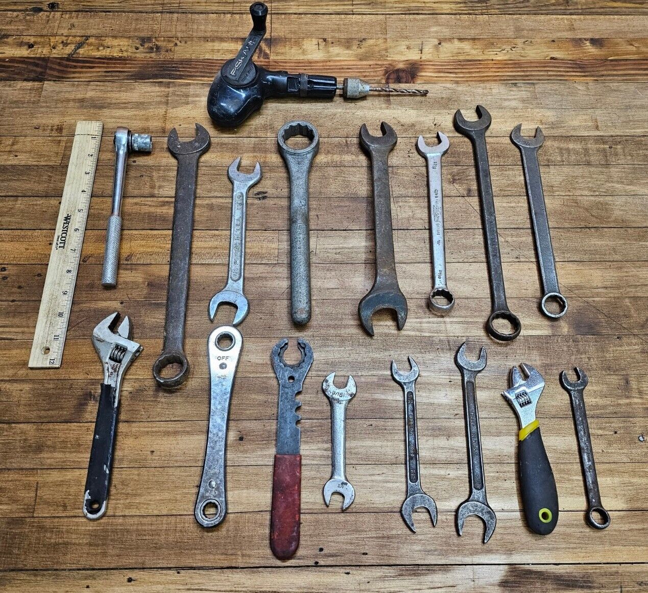 Vintage Mechanics Tools Mixed Lot Wrenches Drills Spanners Ratcheting Box End