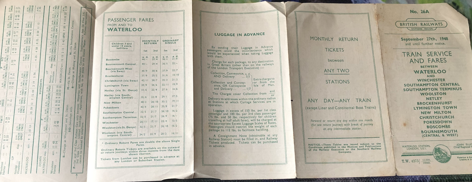 British Railways 1948 Timetable Waterloo.