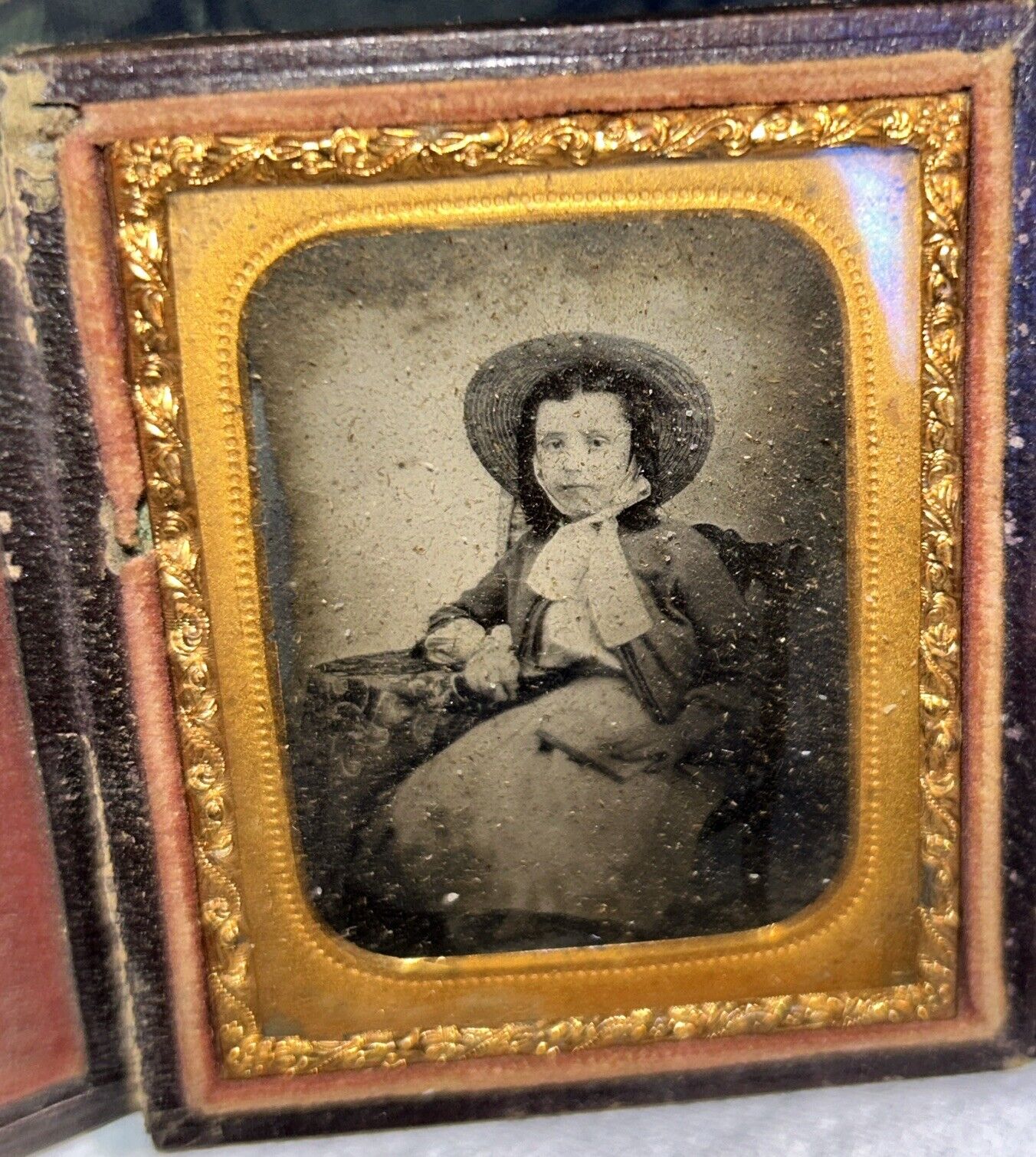 Antique Daguerreotype Photograph Full Case young Lady Dressed up With Hat