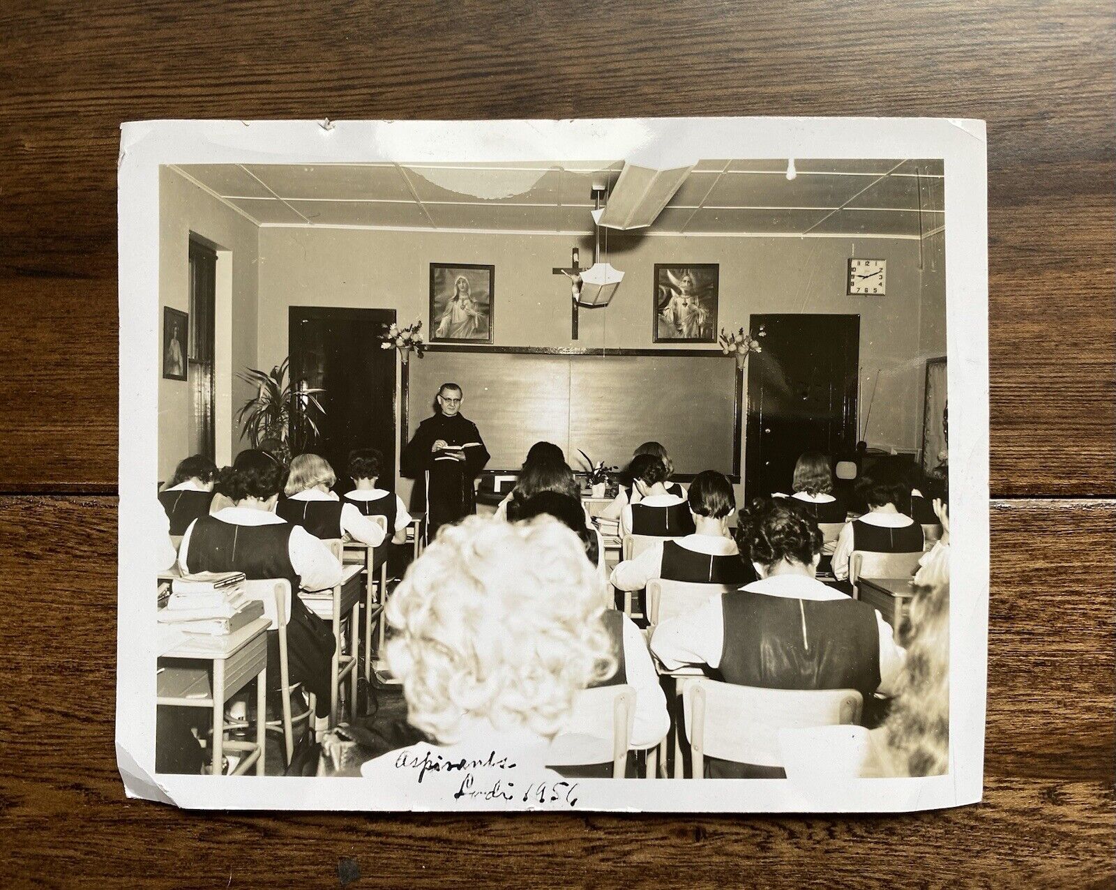 Catholic School 1956 Girls Class & Priest Teaching Original Vintage Photo