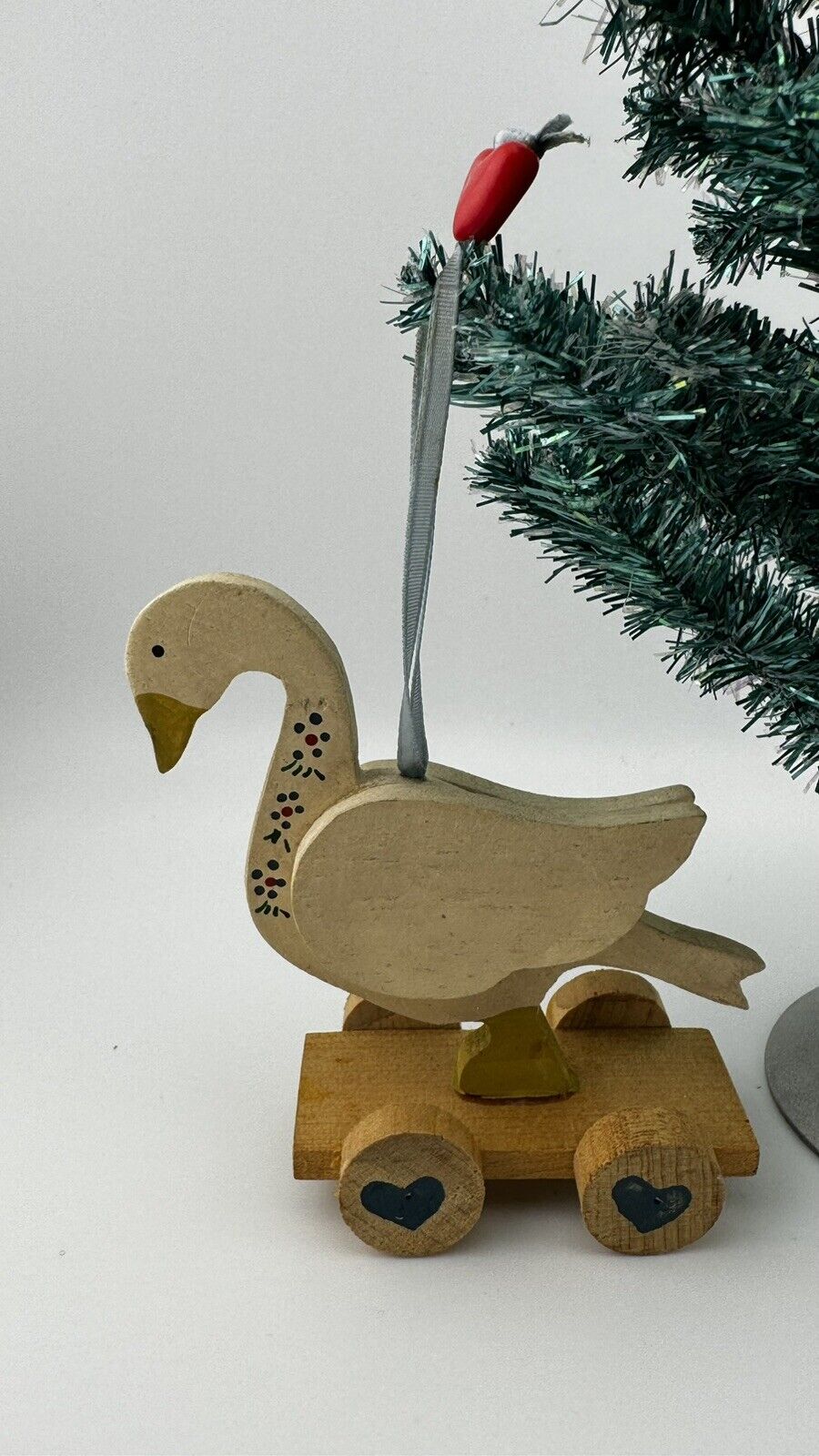 1988 Kurt S. Adler Handcrafted Wooden Duck Ornament on Wheels