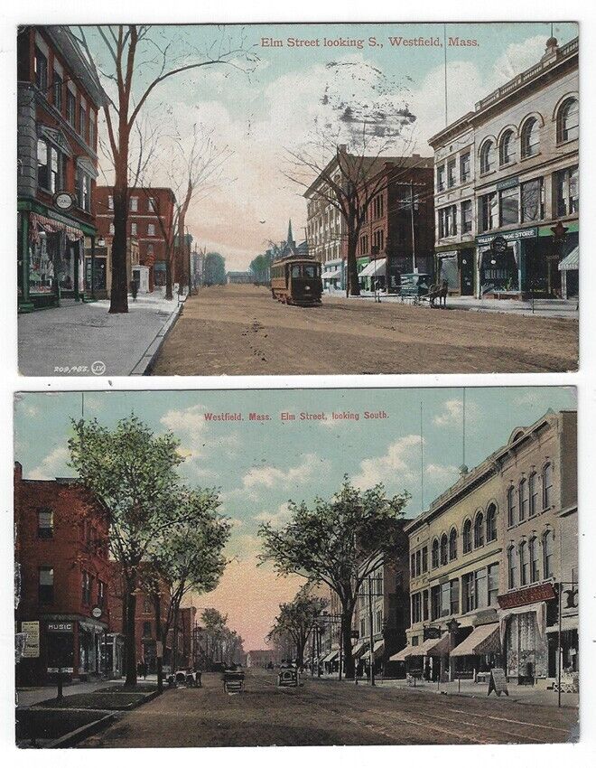 (2) diff. Westfield, MA, Vintage Postcard Views of Elm Street Looking South