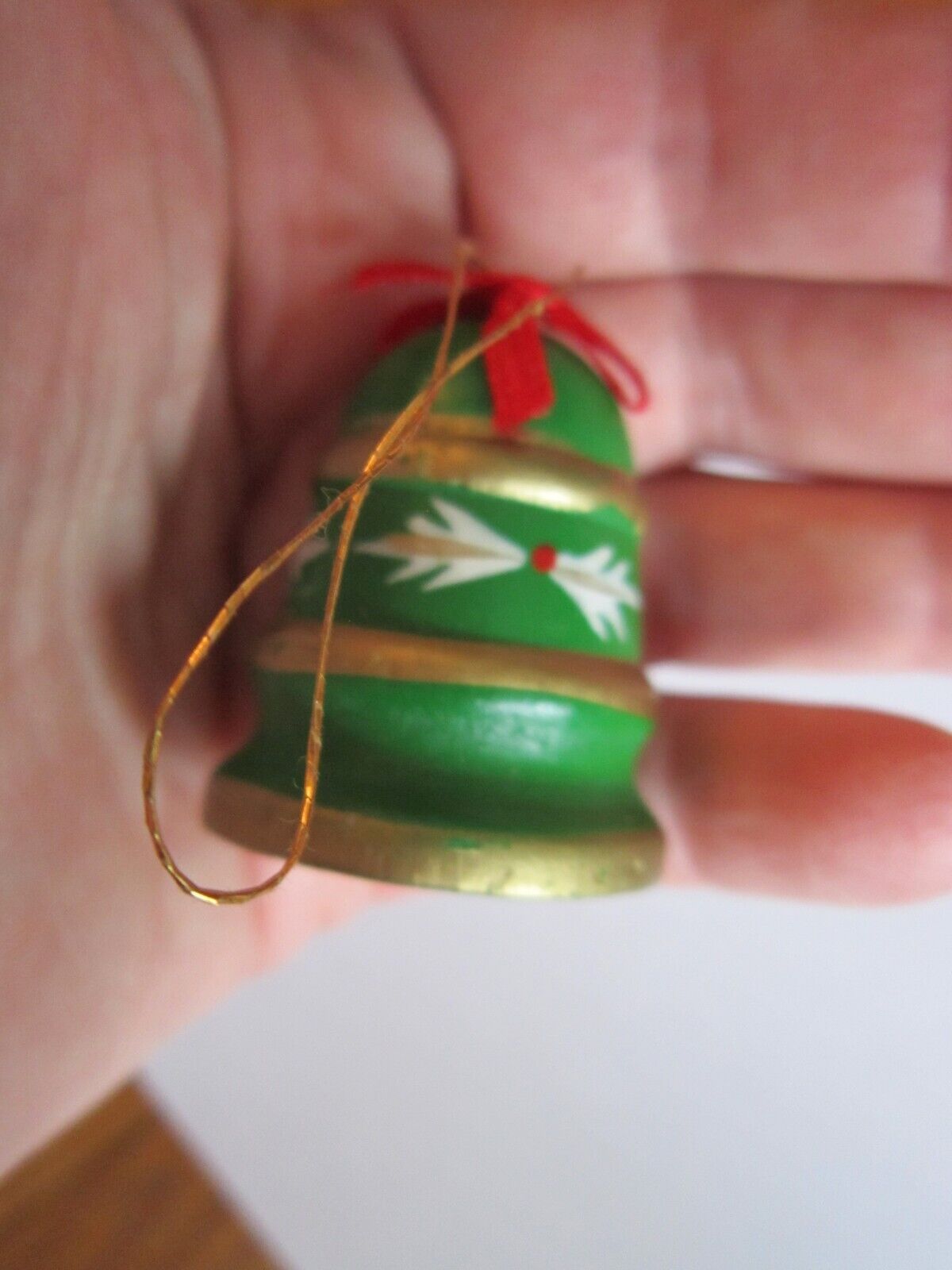 Vtg Christmas Green Wood Bell Ornament Small 1.5\