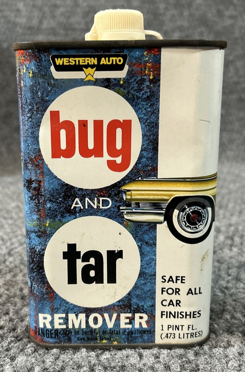 Vintage WESTERN AUTO Metal Bug & Tar Remover EMPTY Can Old Advertising Decor