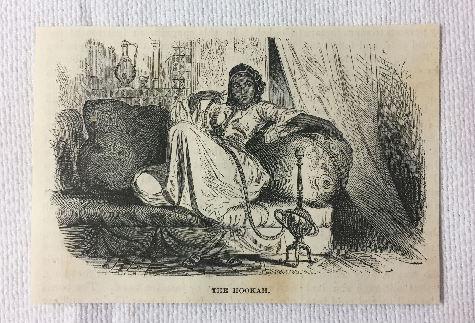 small 1855 magazine engraving ~ WOMAN SMOKING THE HOOKAH