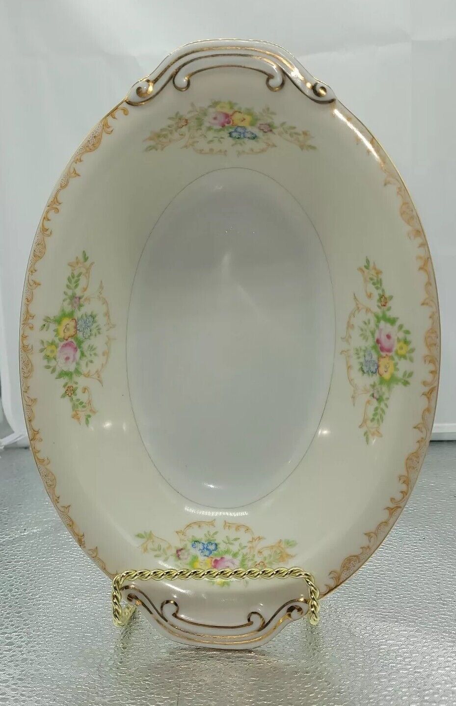 VTG Oval Floral Porcelain China Serving Bowl Scroll Detail Edges Gold Tone Edges