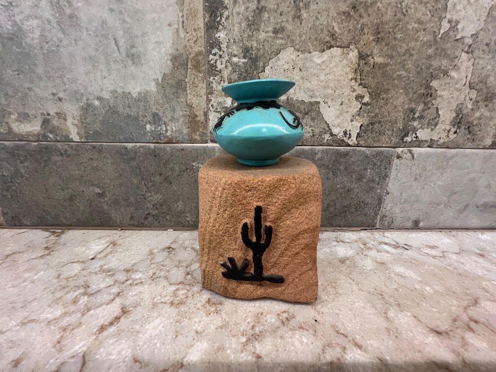 Southwestern Native American Stone With Turquoise Pot