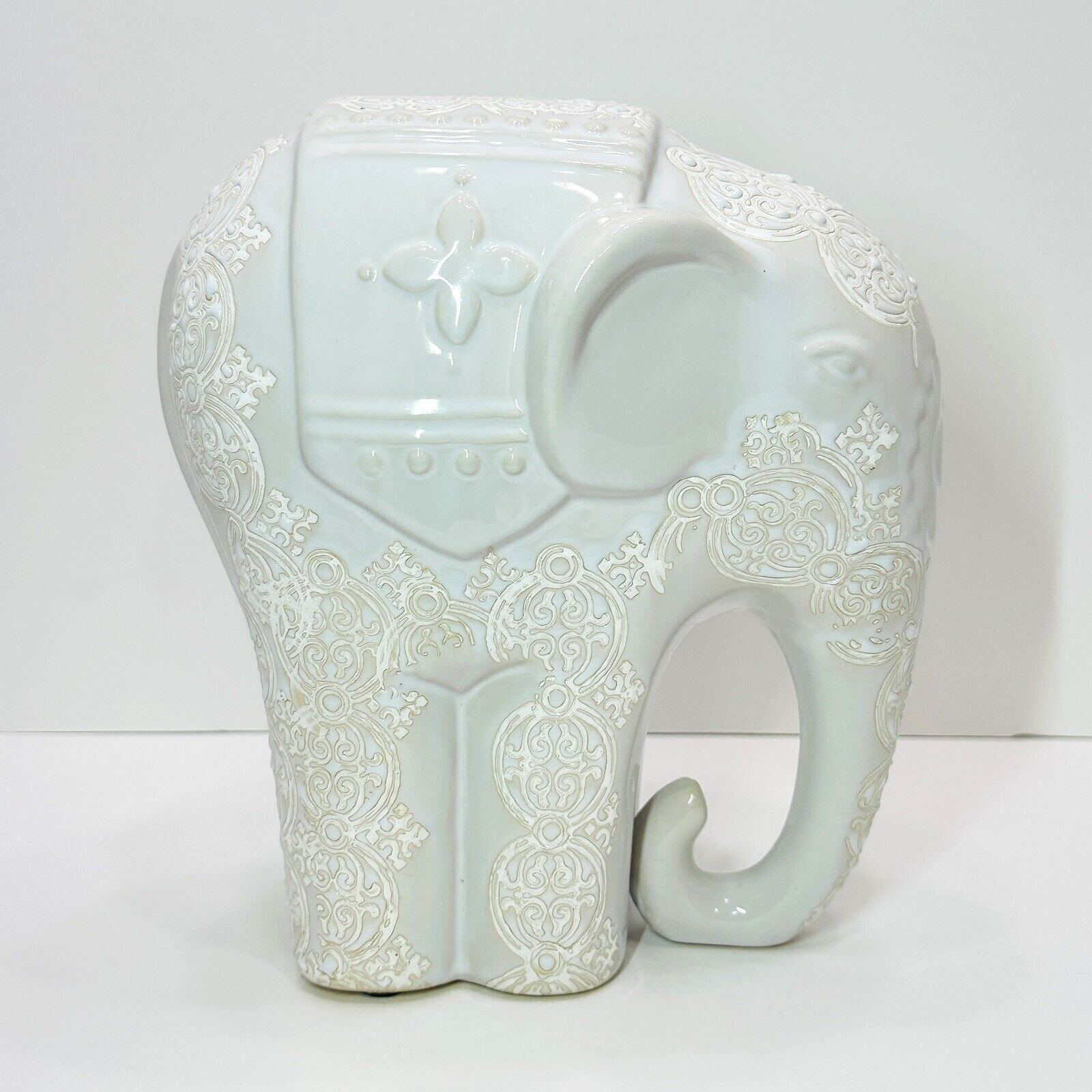 Ceramic Glazed Grayish White Elephant Figurine Ornate Embossed Designs 8.5in H