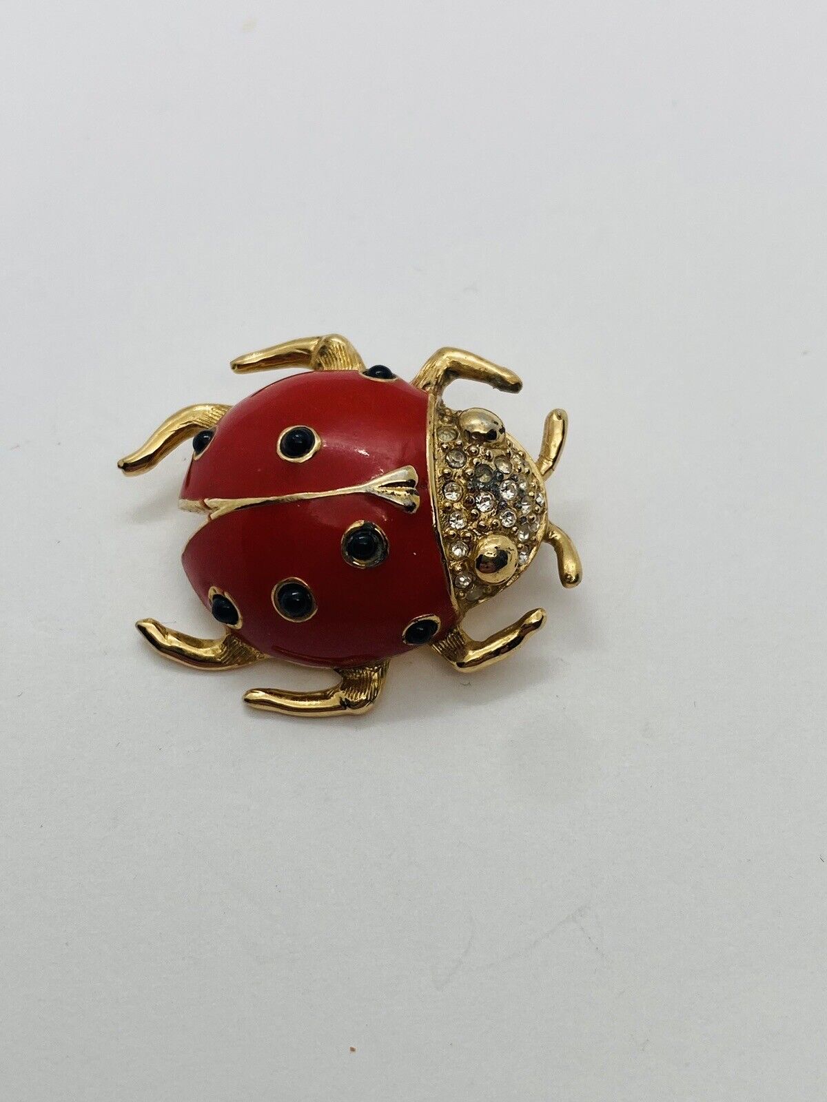 Vintage Rare Signed Guy Laroche Ladybug Enamel Crystal Brooch Pin Designer