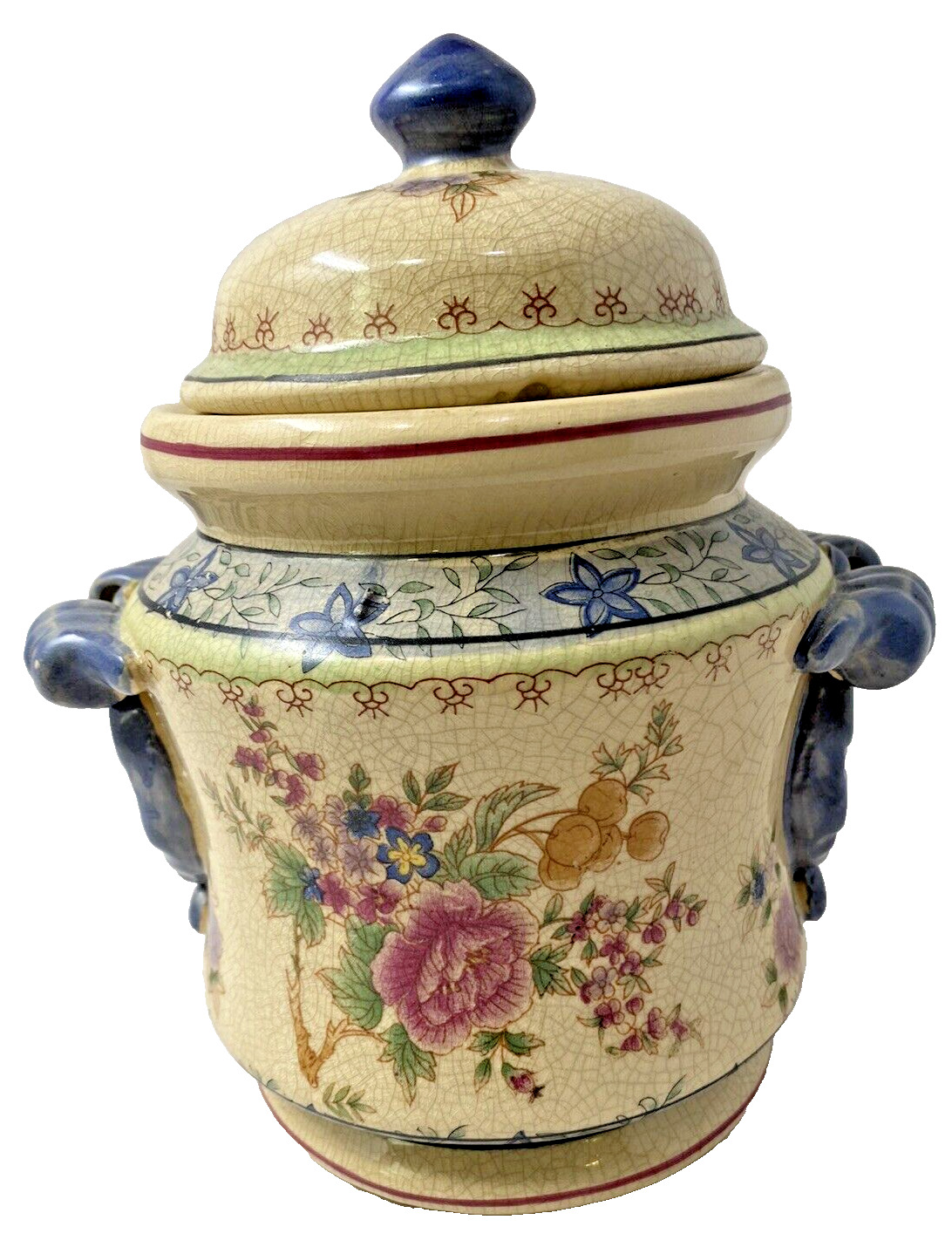 Vintage Chinese Floral Vase Ginger Jar Cache Pot w/Lid and Crackle Glazing 9\