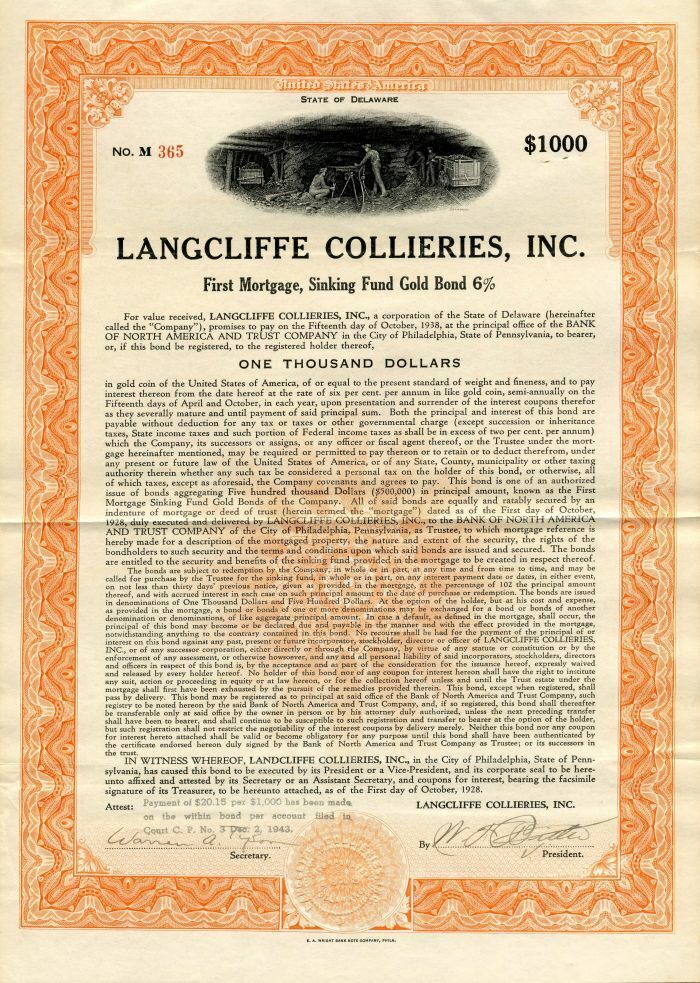 Langcliffe Colliers, Inc. - $1,000 Bond - Mining Bonds
