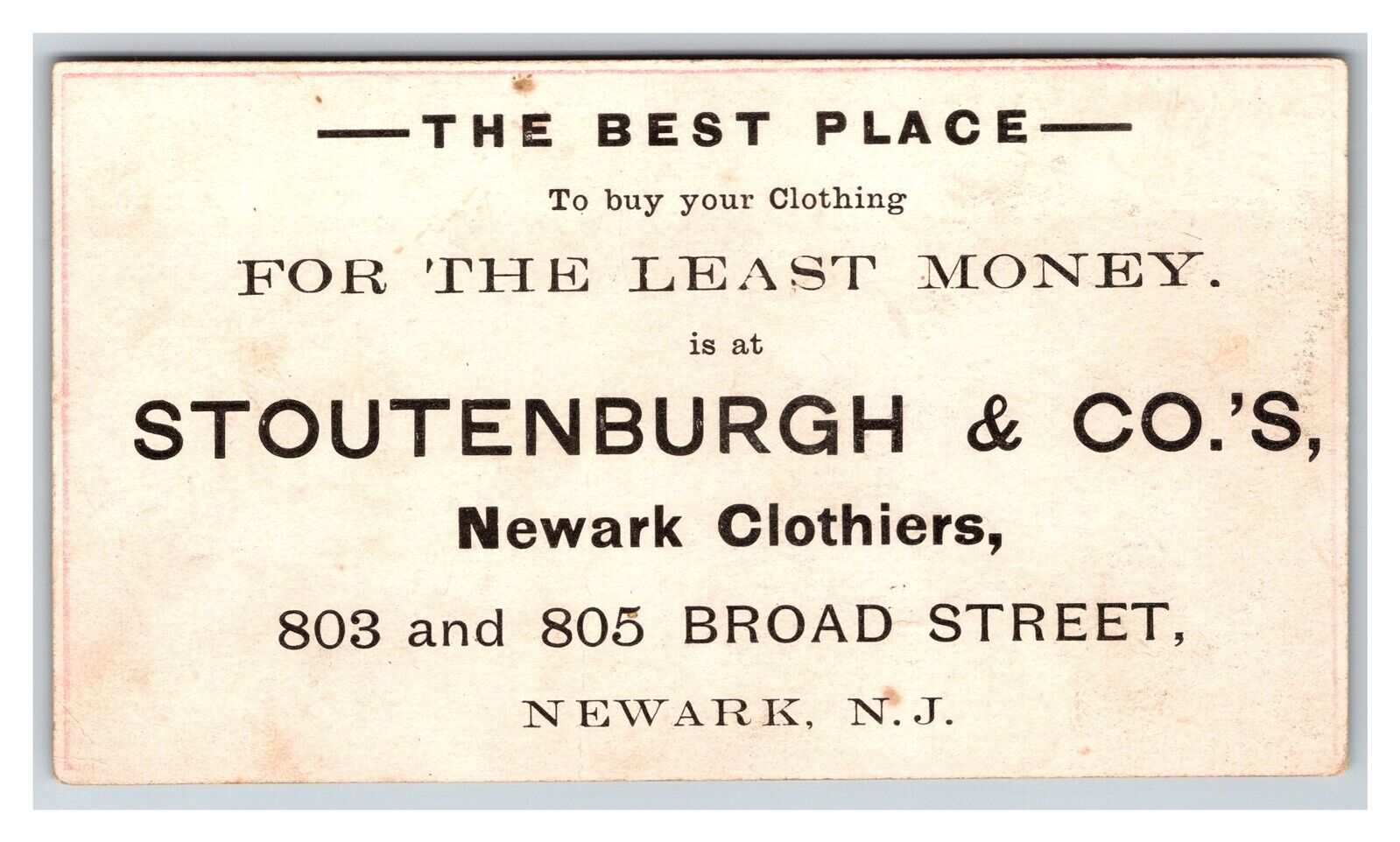1880\'s Stoutenburgh And Company Newark New Jersey Clothiers Victorian Trade Card