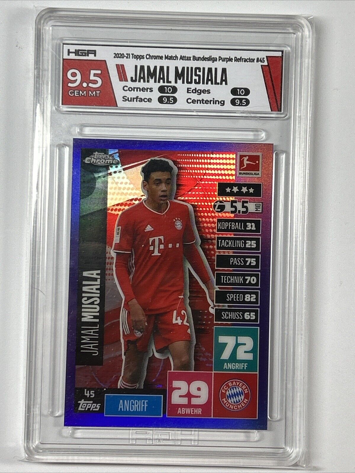 2020-21 Topps Chrome Match Attax Bundesliga Jamal Musiala RC Purple /299 HGA 9.5