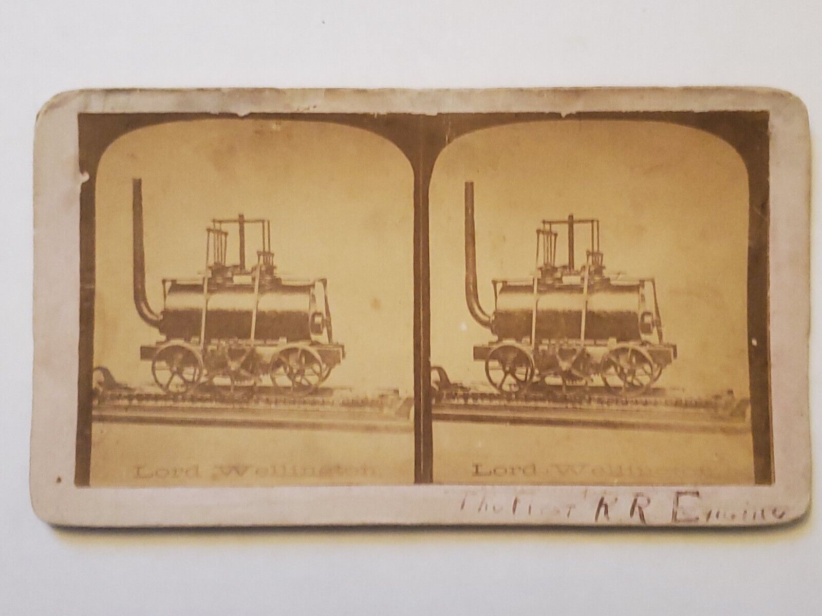 Antique Stereoview Card Lord Wellington 1st R.R. Engine Rutherford 