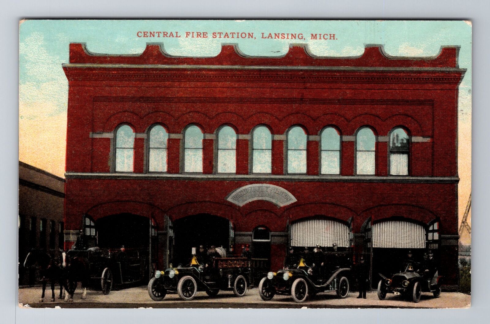 Lansing, MI-Michigan, Central Fire Station, Automobiles c1914, Vintage Postcard