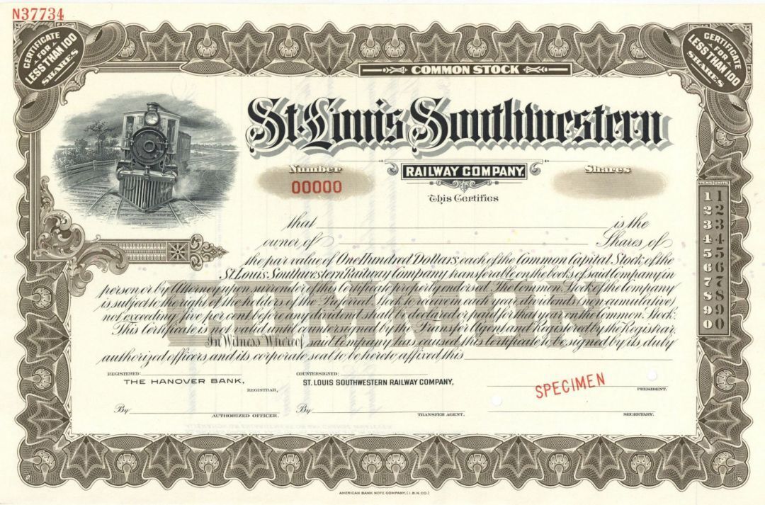 St. Louis Southwestern Railway Co. - Specimen Stock Certificate - Specimen Stock