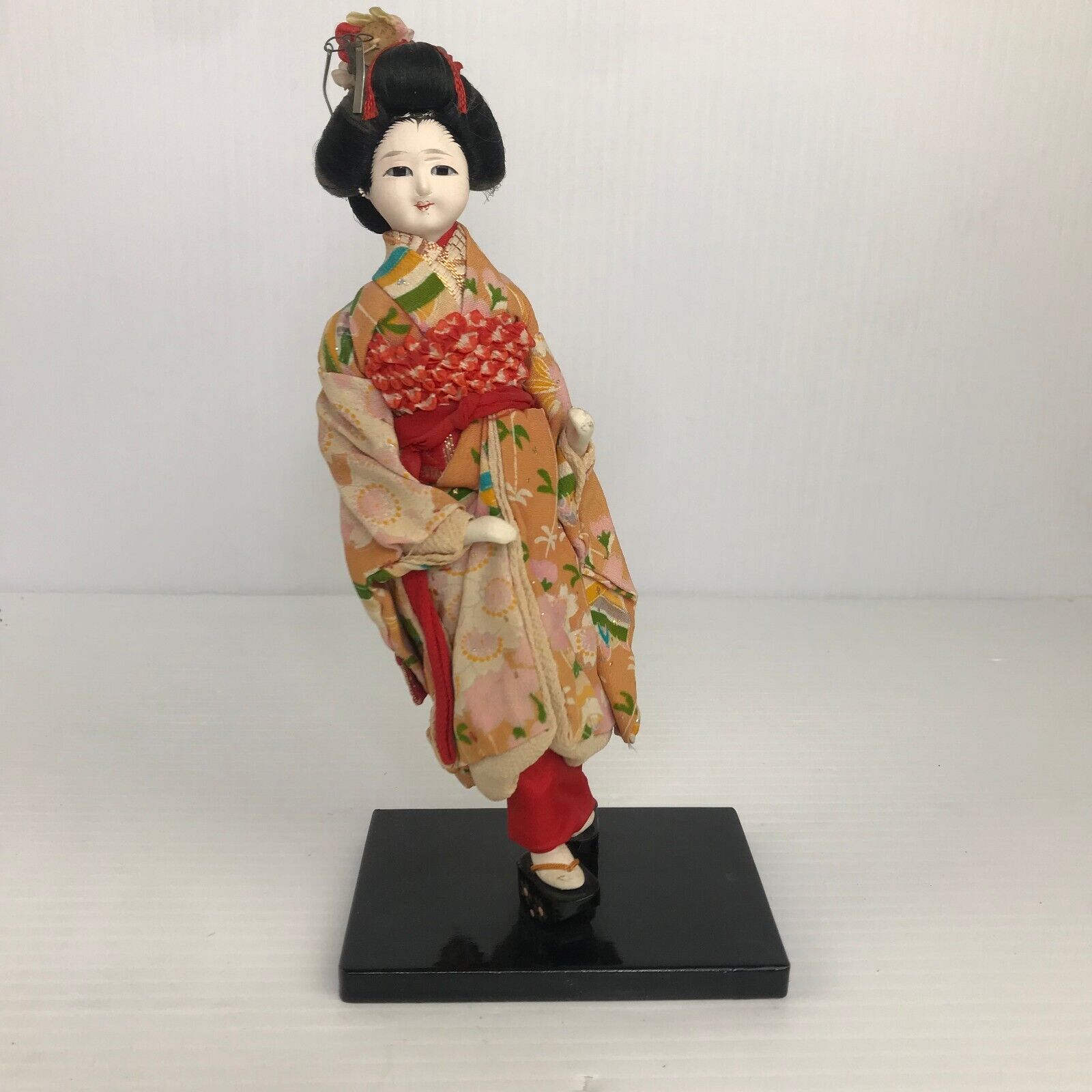 Vintage Japanese Maiko Geisha Doll 1950s Hand Painted Carved Red Silk 9 Inches