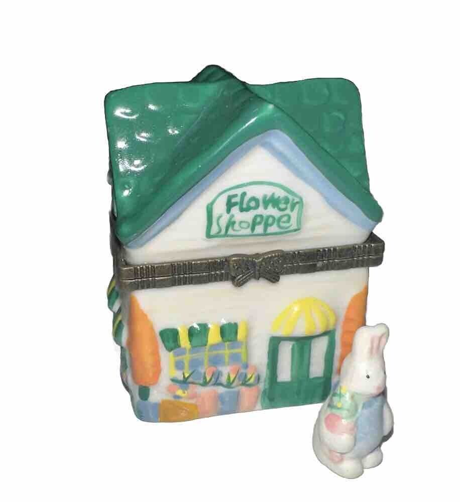 Easter Village Flower Shop  - Porcelain Trinket Box  (With Bunny Rabbit)