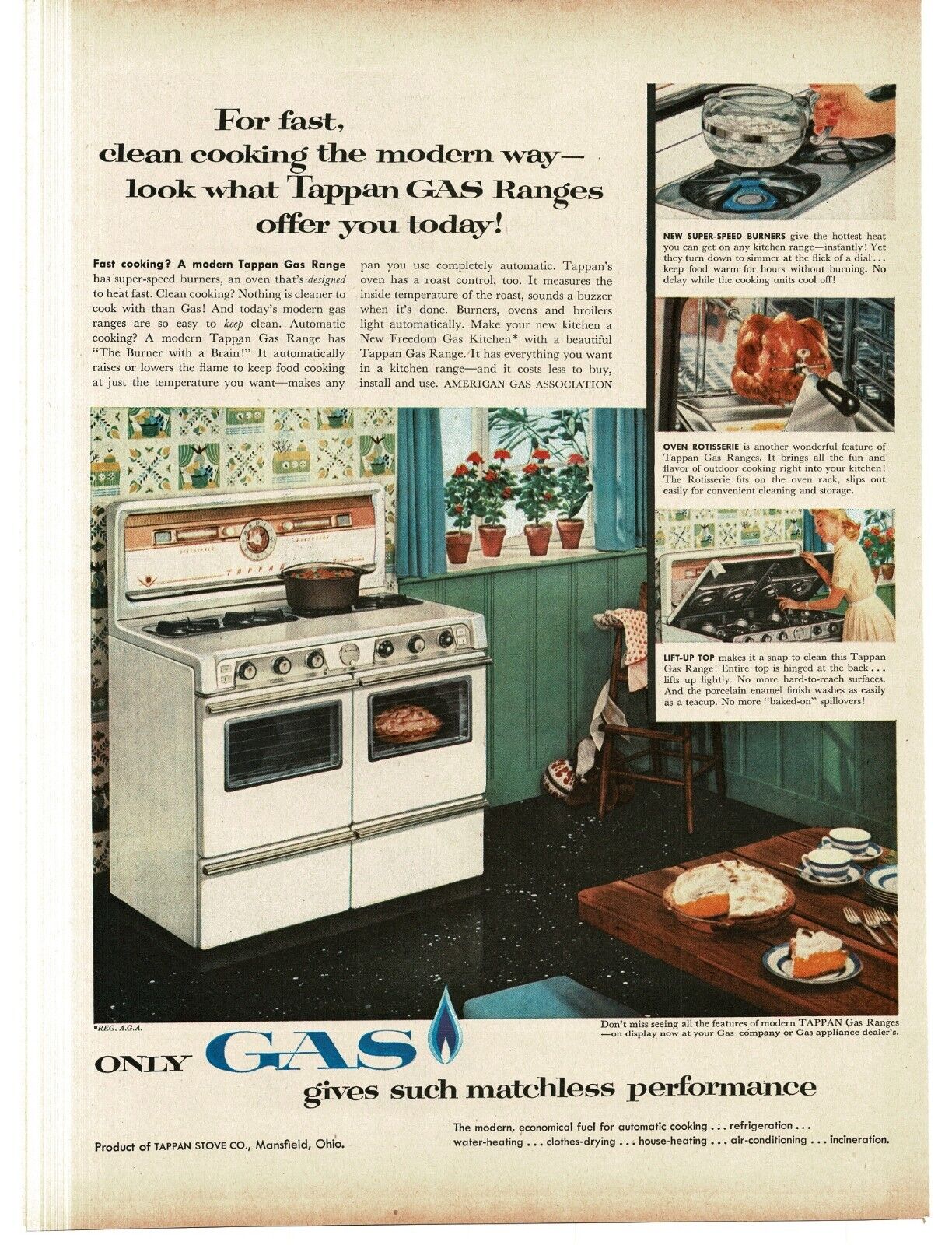 1956 Tappan Gas Stove Range Oven 50s kitchen decor Vintage Print Ad