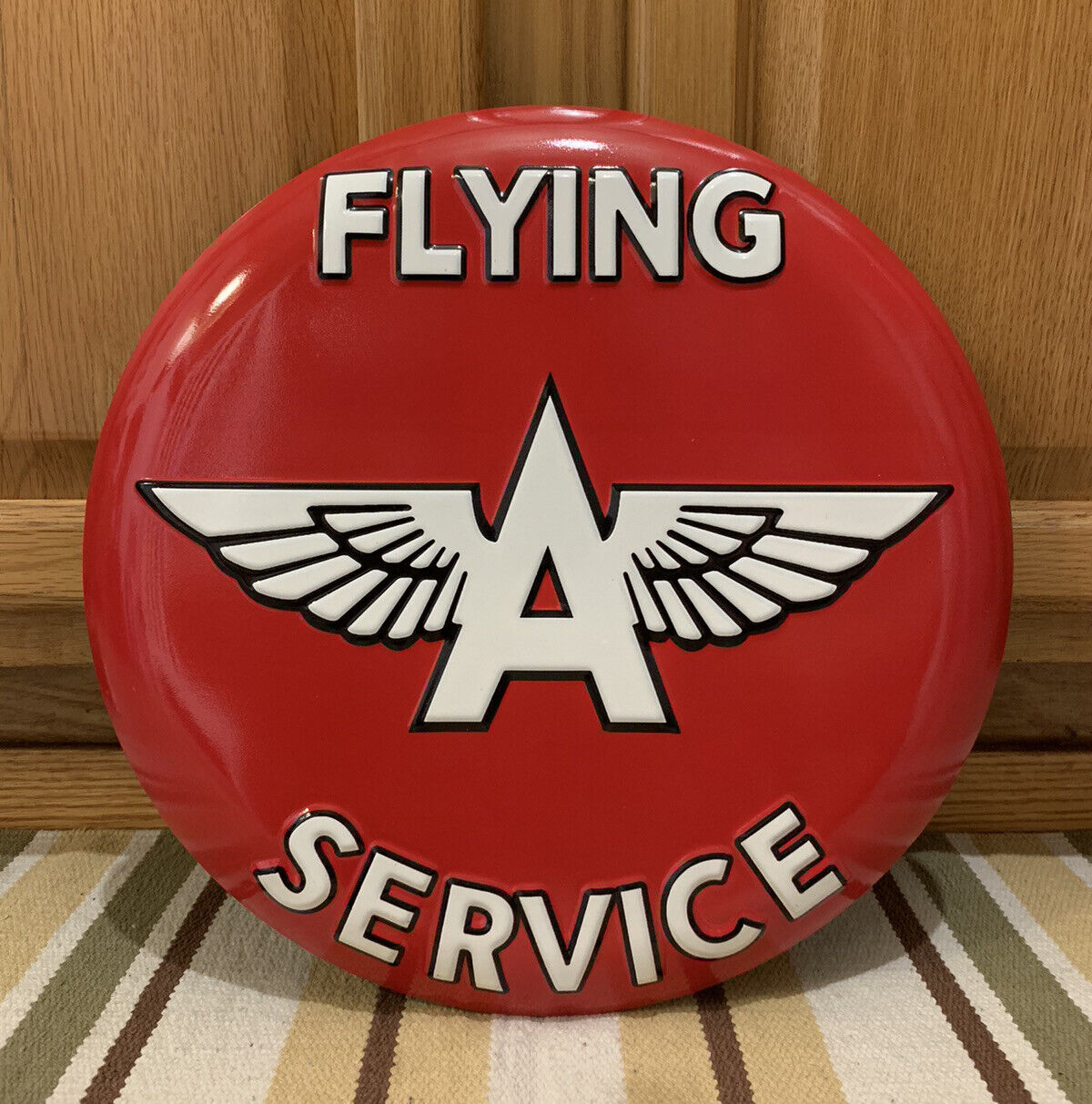Flying A Service Sign Metal Garage Wall Decor Gas Oil Vintage Style Embossed