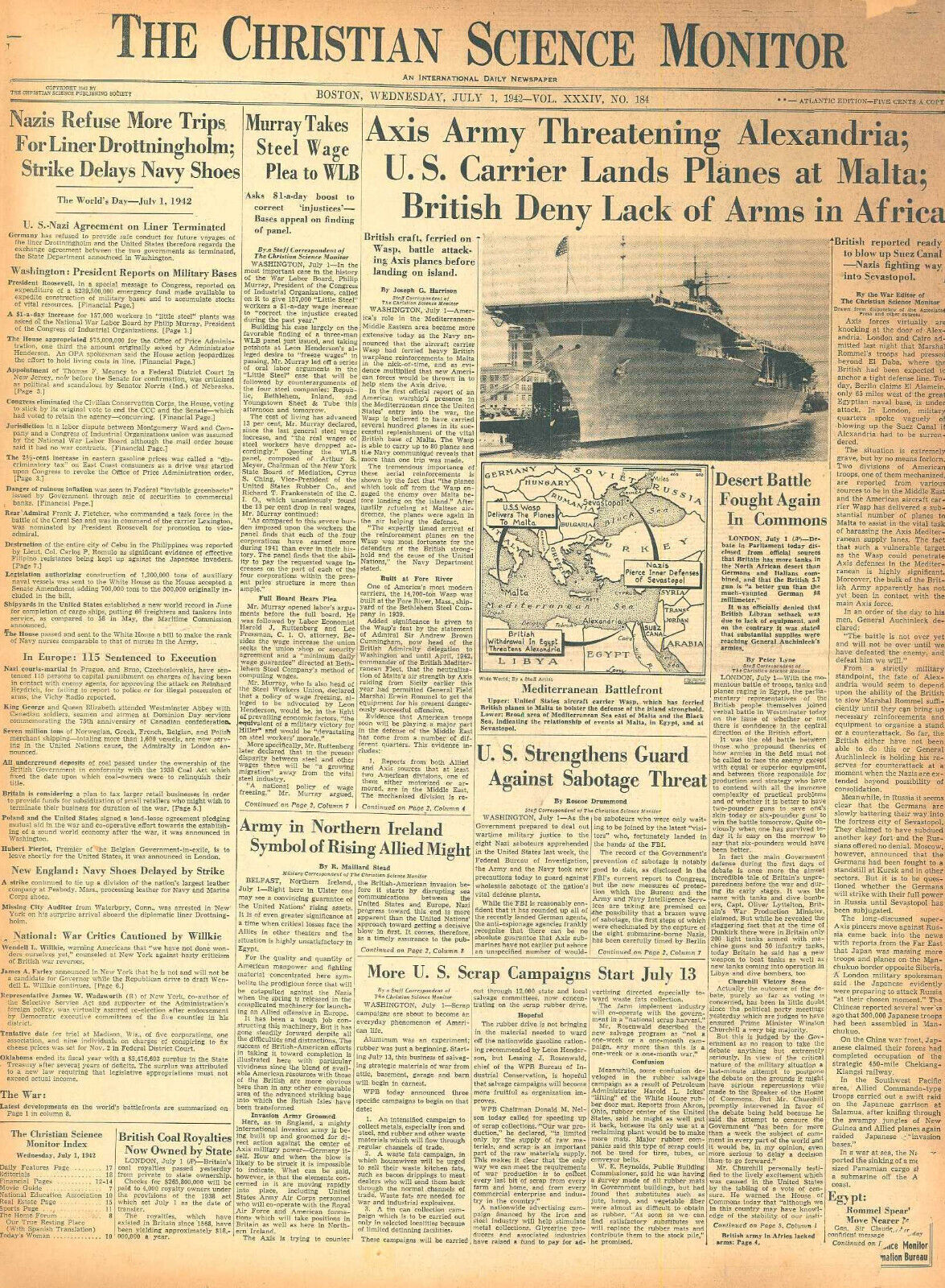 July 1, 1942 WWII Original Int. Newspaper U.S. CARRIER LANDS AT MALTA ALEXANDRIA