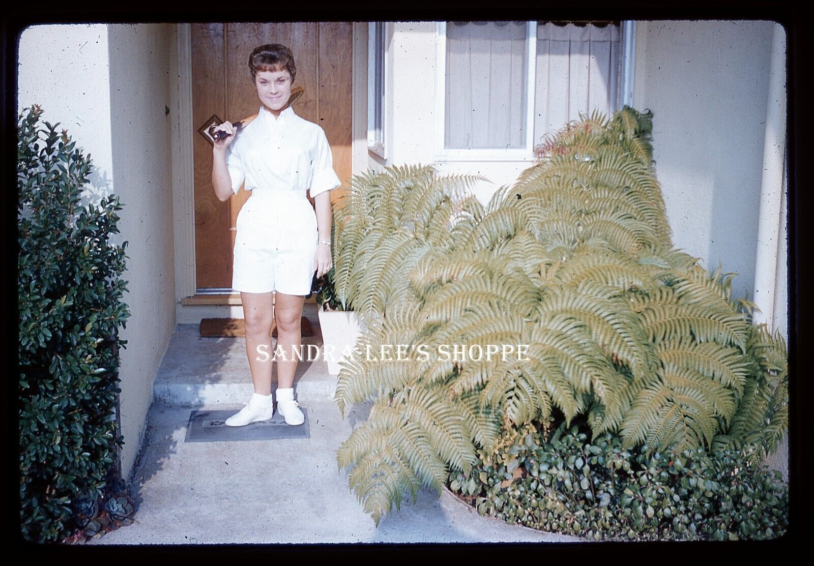 1959 Young Woman Tennis Outfit Front Porch Film Slide #848