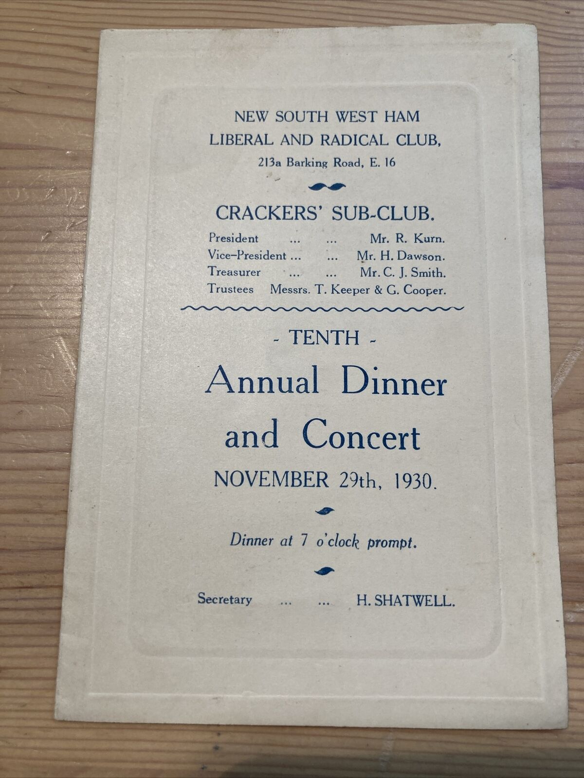 1930 New South West Ham Liberal & Radical Club Dinner Menu