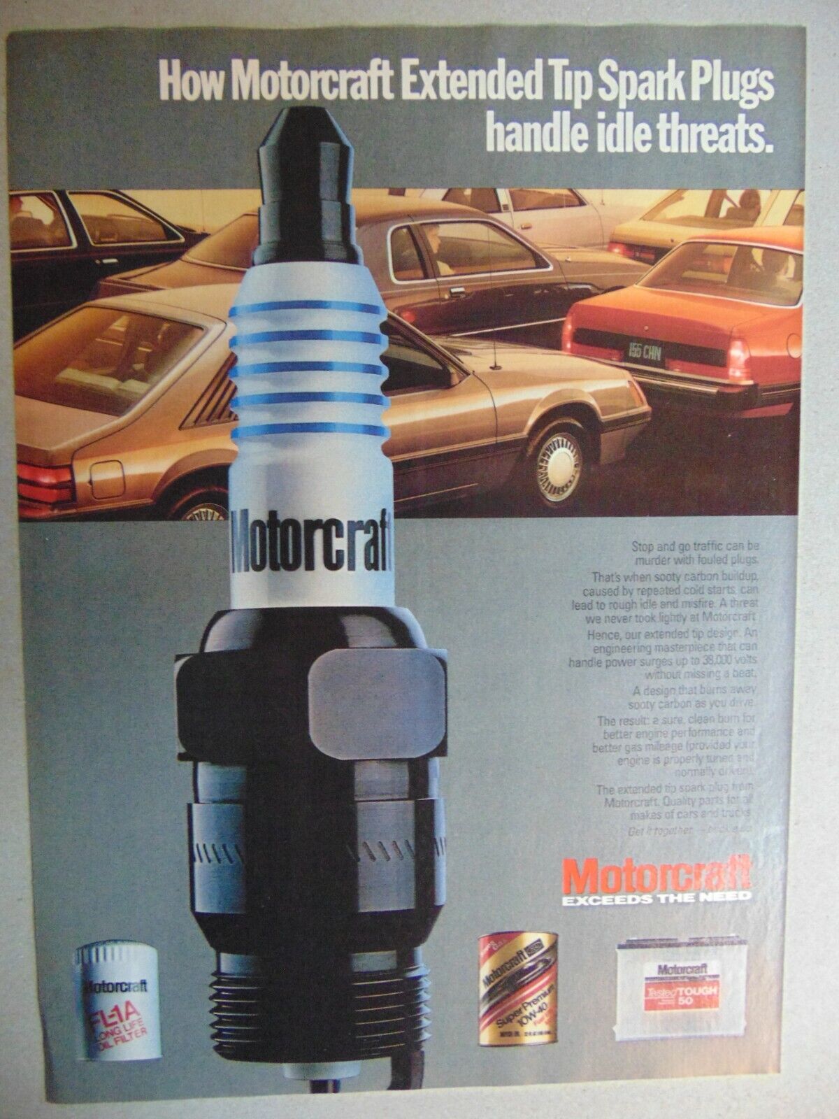 1985 MOTORCRAFT Extended Tip Spark Plugs vintage art print ad