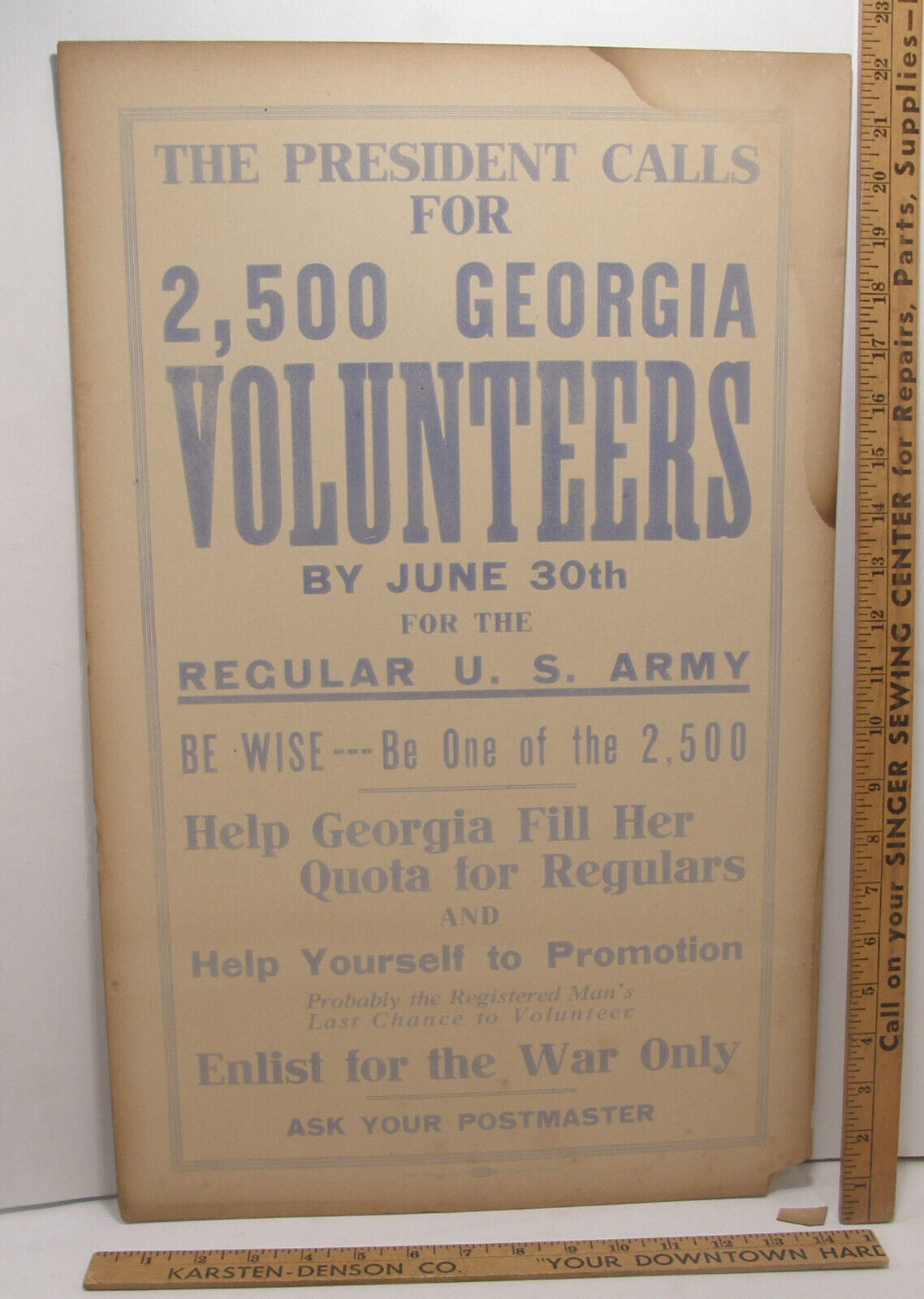 ORIGINAL STATE OF GEORGIA VOLUNTEERS WWI US ARMY RECRUITING RECRUITMENT POSTER