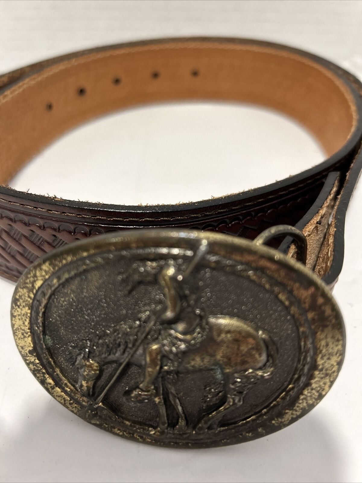 Vtg.  Western Sz. 36 Leather Belt/Great American Horse Brass Buckle From 1970’s
