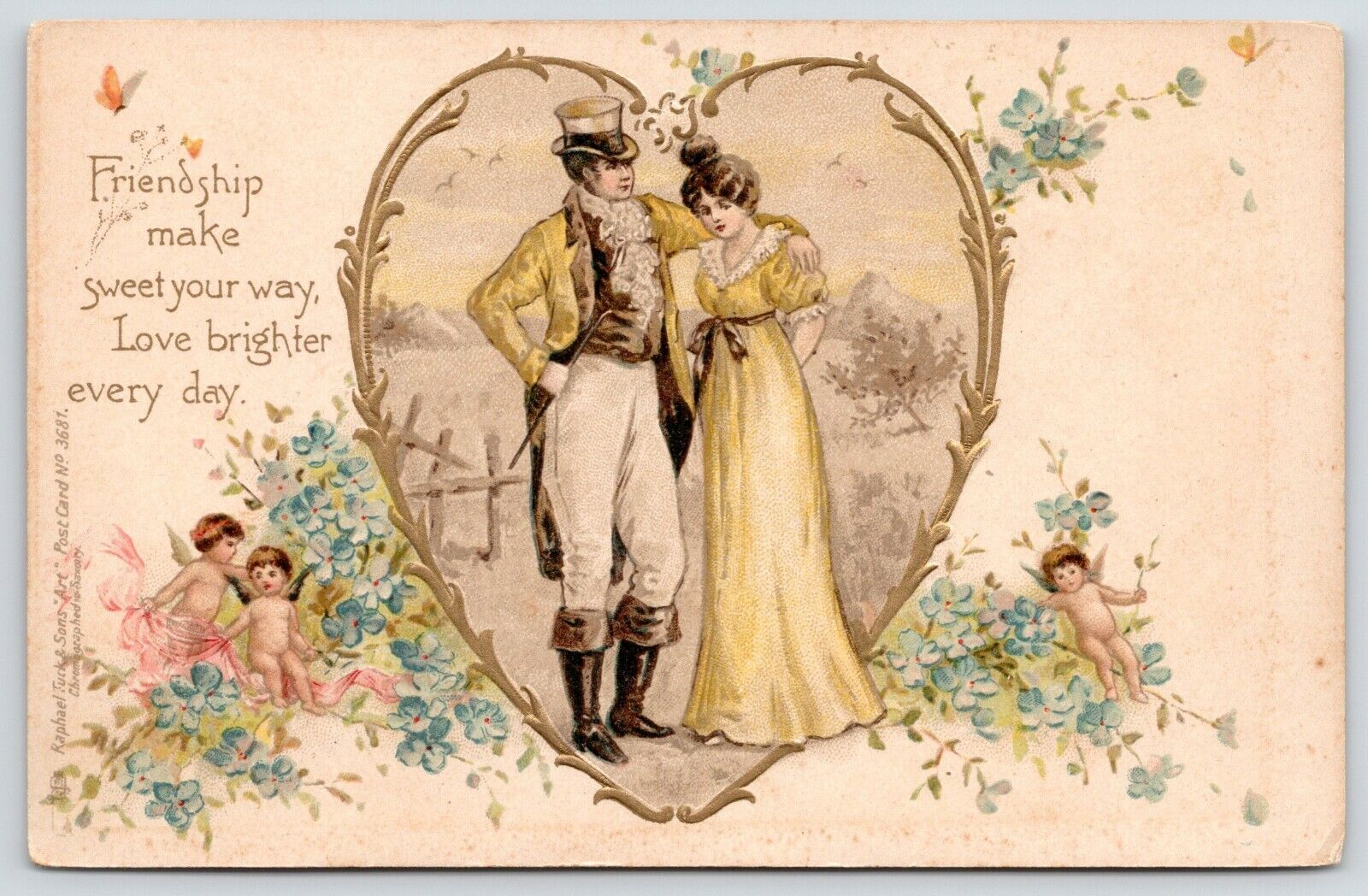 Valentine~Elegant Couple~Art Nouveau Heart~Tiny Cupids~Forget-Me-Nots~1903 TUCK