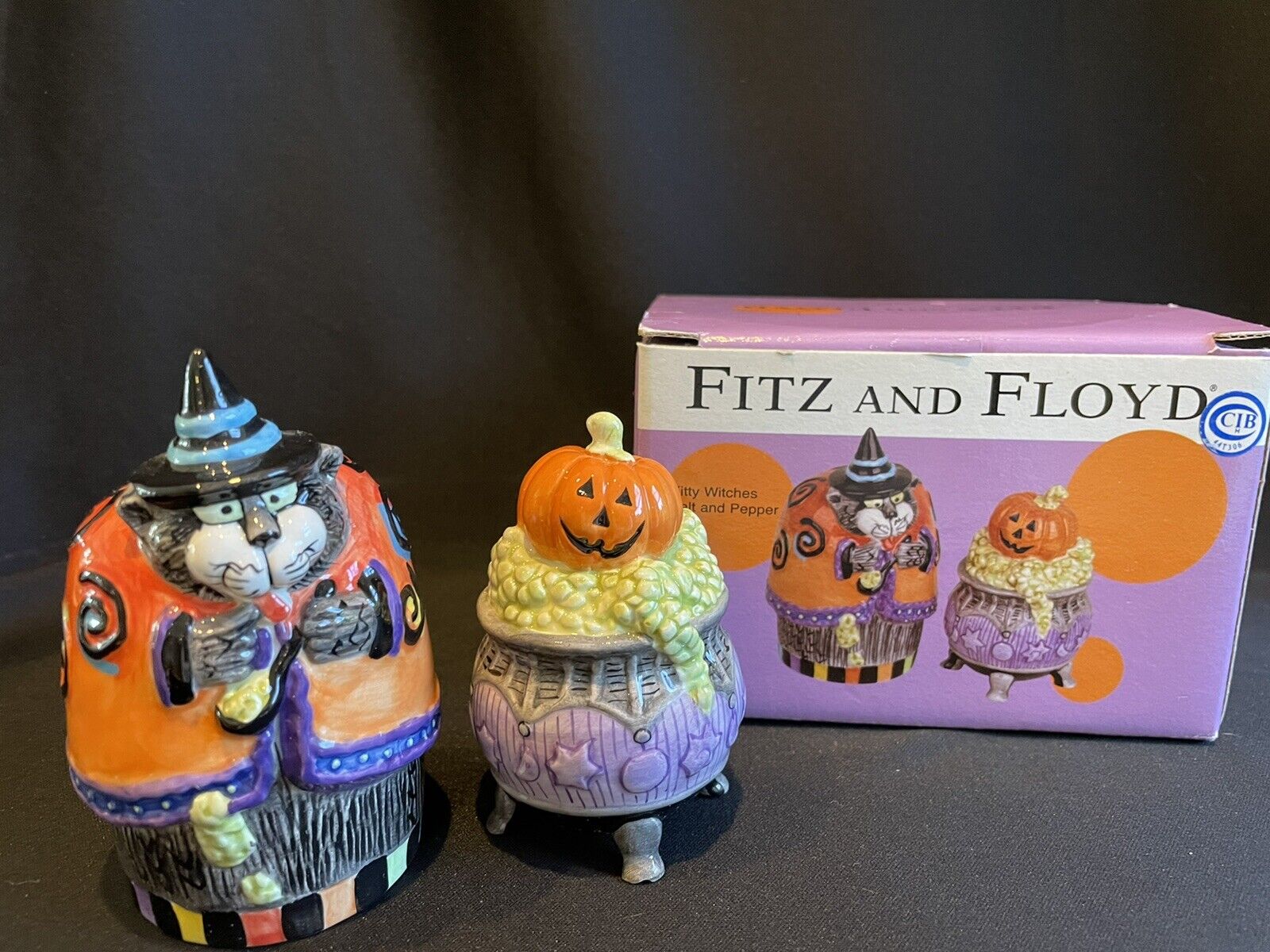 Fitz and Floyd Kitty Witches Halloween Salt & Pepper Shaker Set