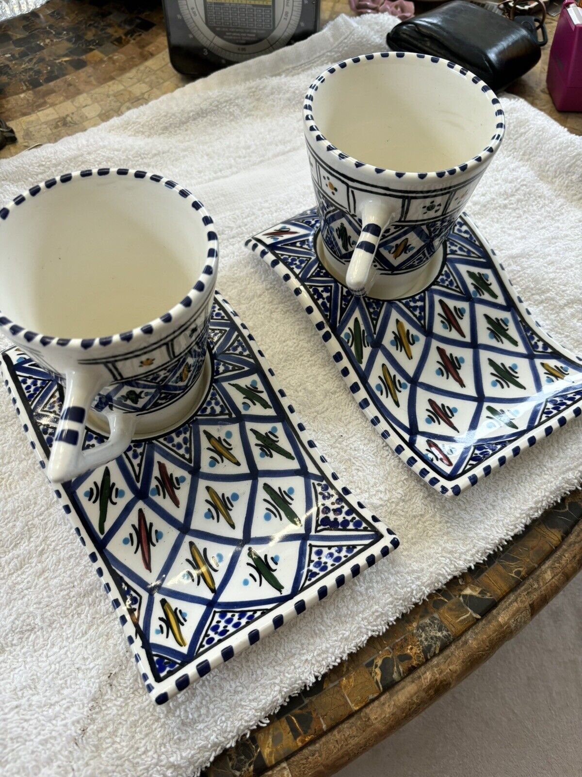 2 KAMSAH Coffee Mugs with Wavy Under Plates Coffee Mug Set w Plate Blue.  Pair