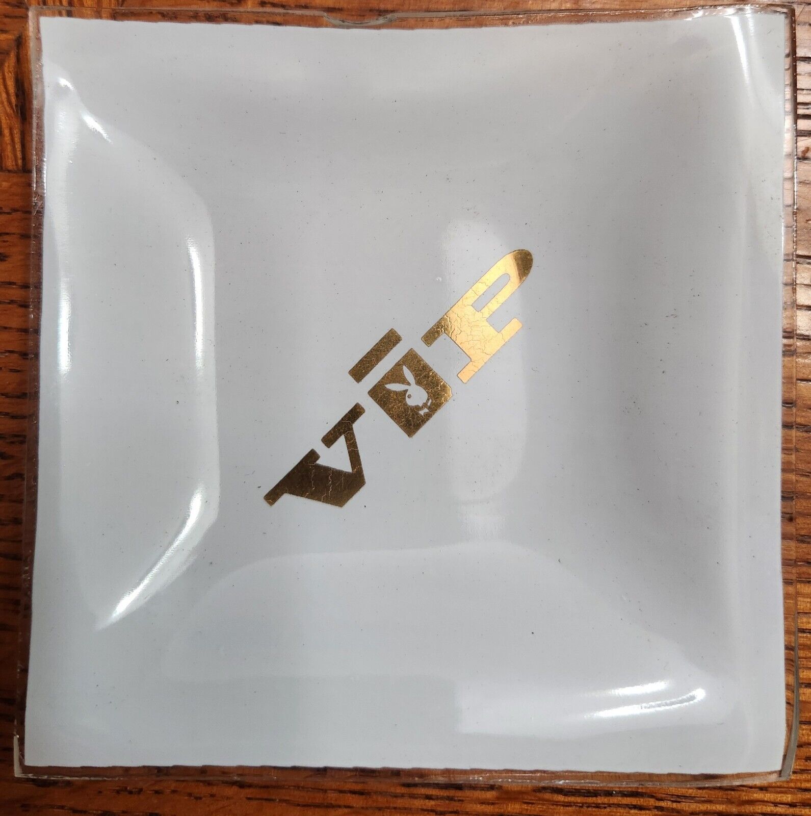 Vintage 1960’s Playboy Bunny VIP White Gold Square Ashtray Coin Dish