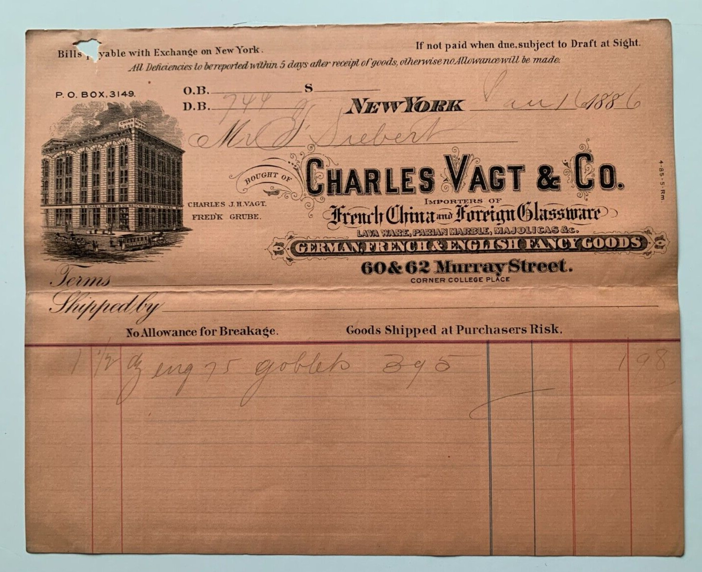 Vintage 1886 Billhead New York Charles Vagt & Co China & Glass 60 Murray St NYC