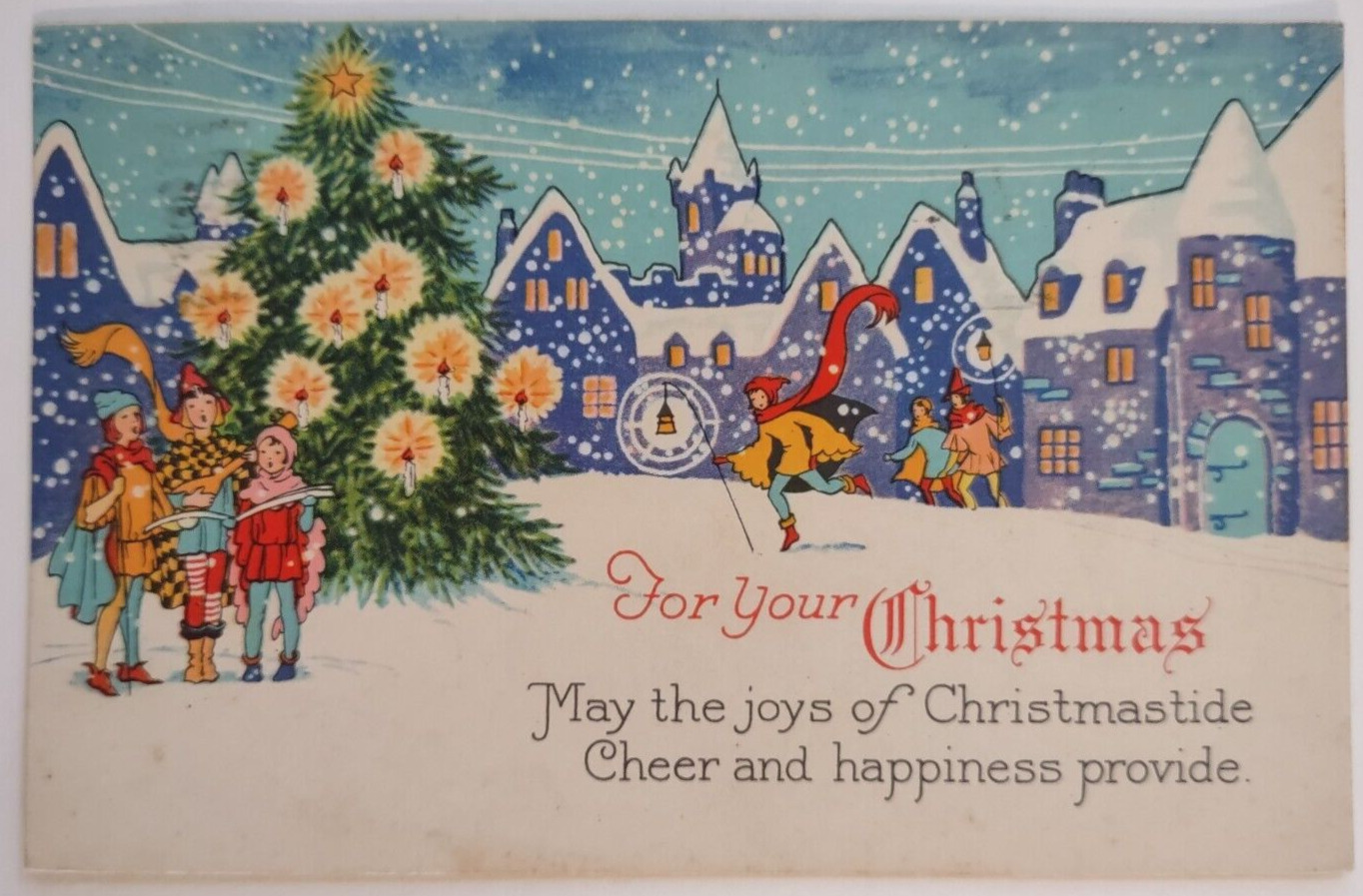 Vintage Christmas 1931 Postcard Winter Scene Snowing Carols